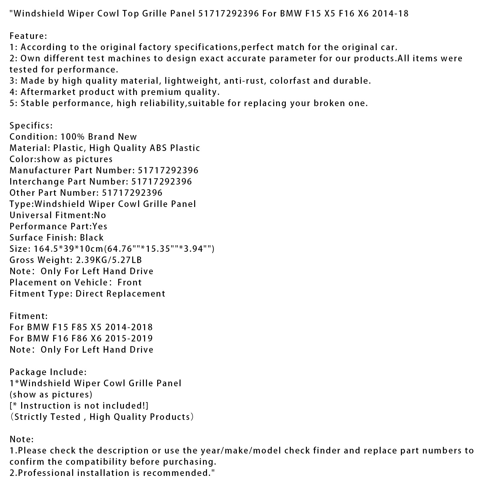 2014-2018 BMW F15 F85 X5 Windshield Wiper Cowl Top Grille Panel 51717292396