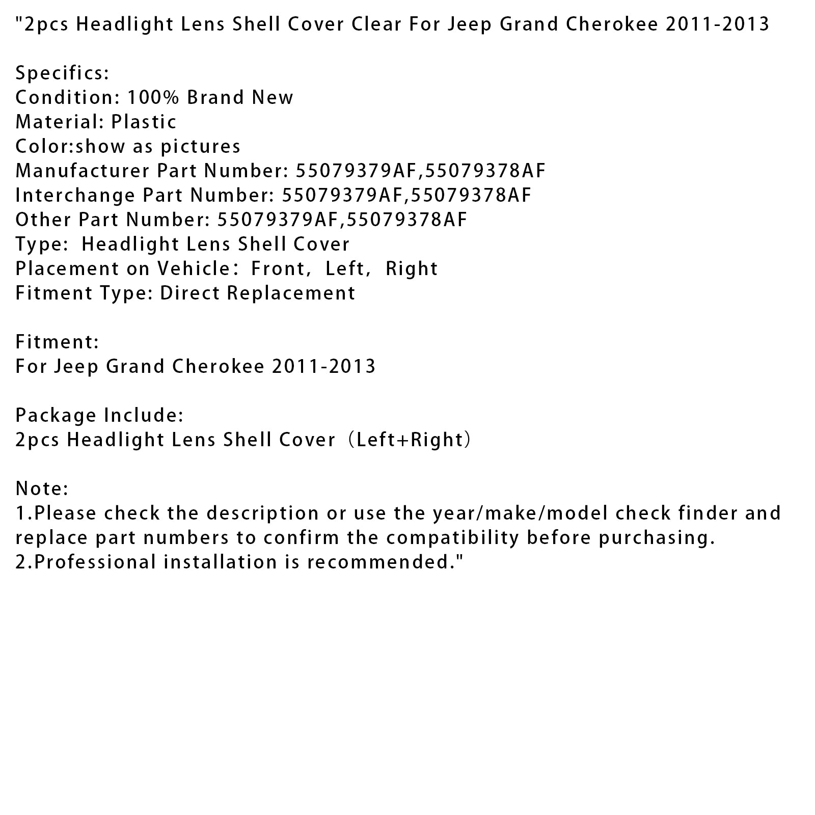 2011-2013 Jeep Grand Cherokee 2pcs Headlight Lens Shell Cover Clear