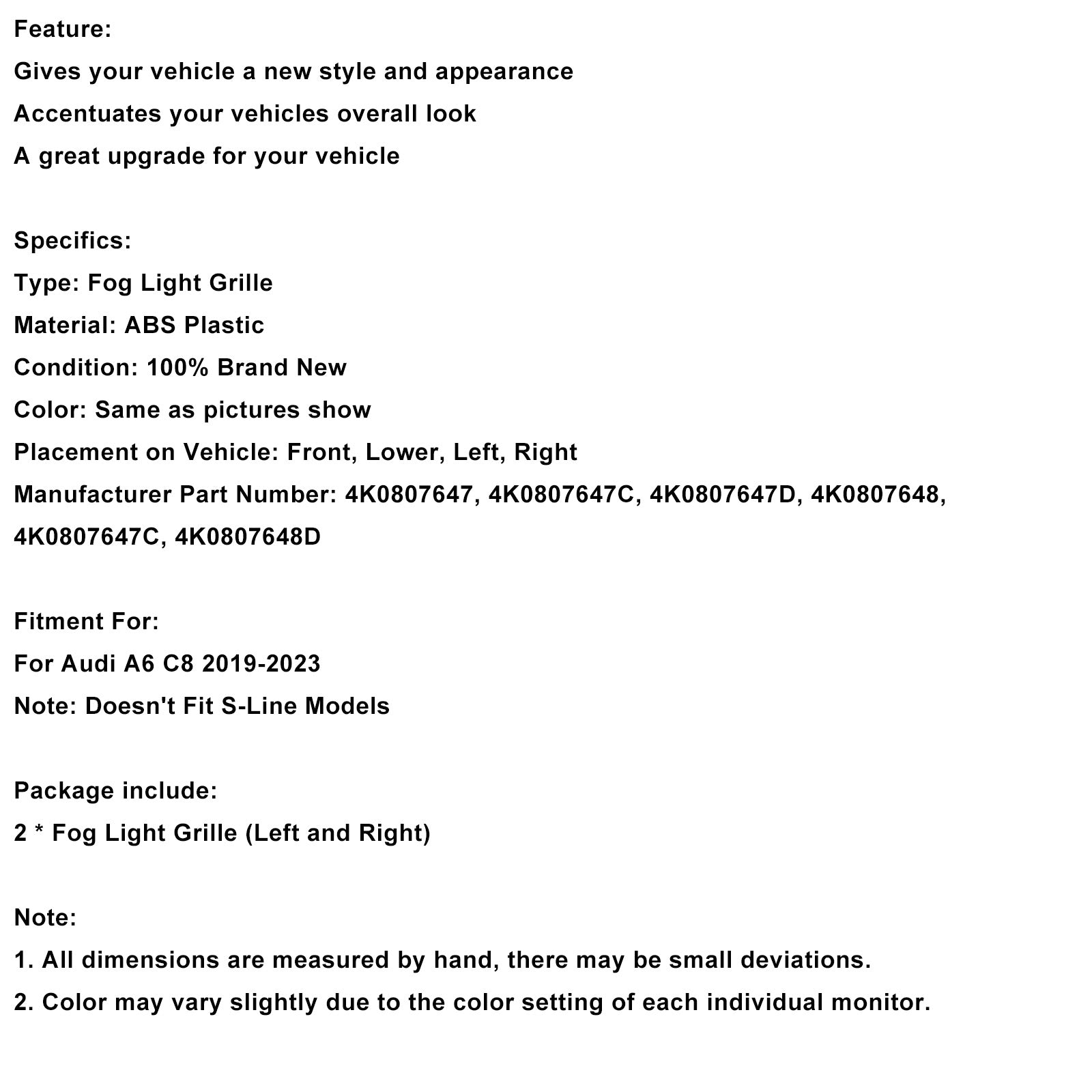 2pcs Bumper de pare-chocs Grille de brouillard Couvercle lumineux ajustement AUDI A6 C8 2019-2023