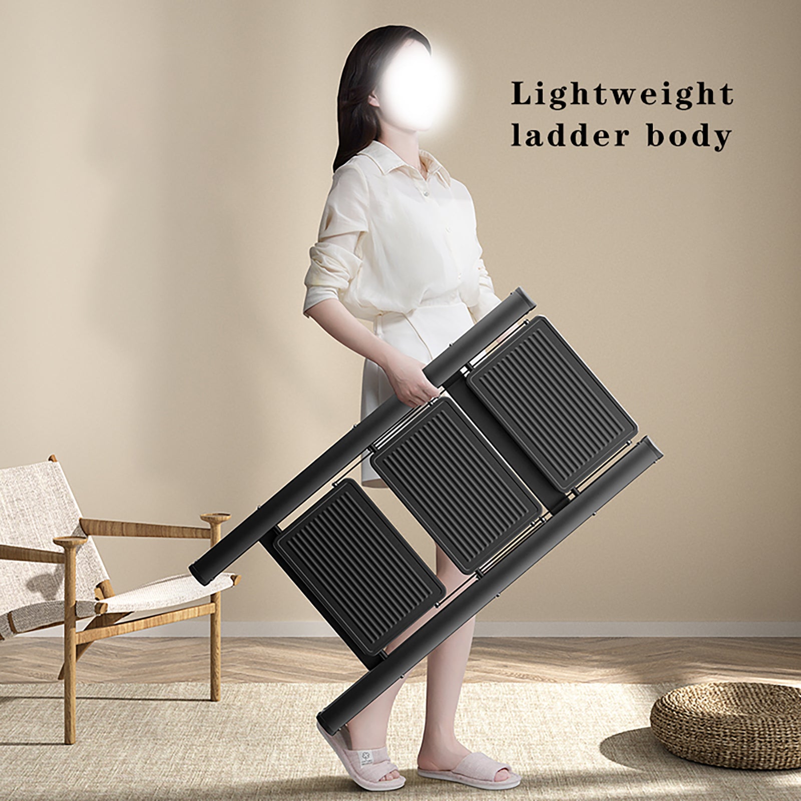 Stepladder, 3 Tiers, Foldable, Aluminum, Wide, Lightweight, Compact, Ladder