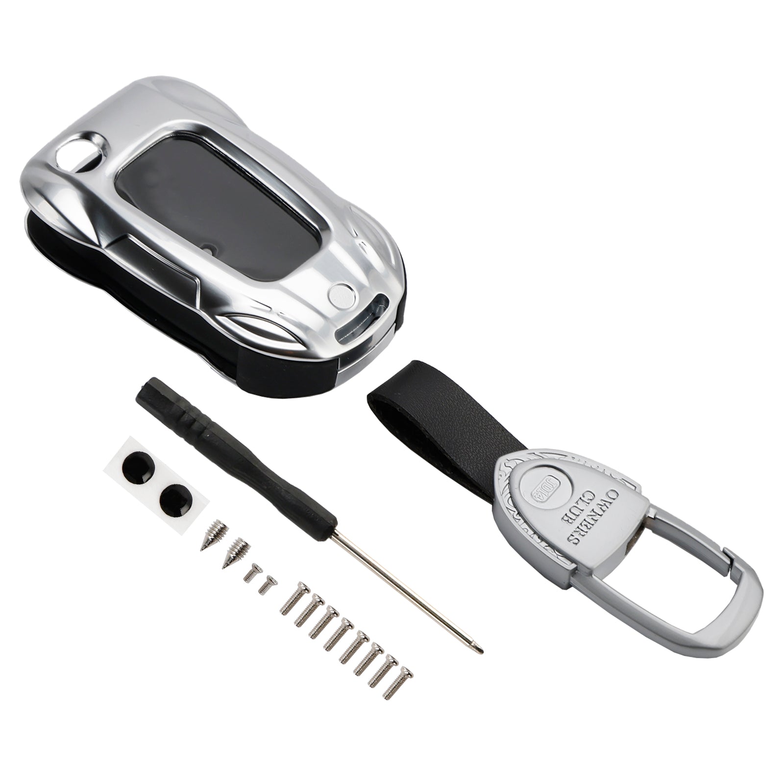 Leather Alloy Zinc Car Key Silvery Case Cover For VW Polo Skoda