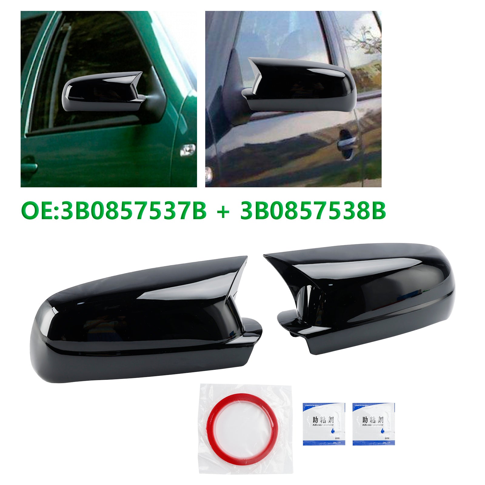 1998-2004 VW Golf Mk4 Gloss Black Wing Door Mirror Cover Caps Left + Right 3B0857537B