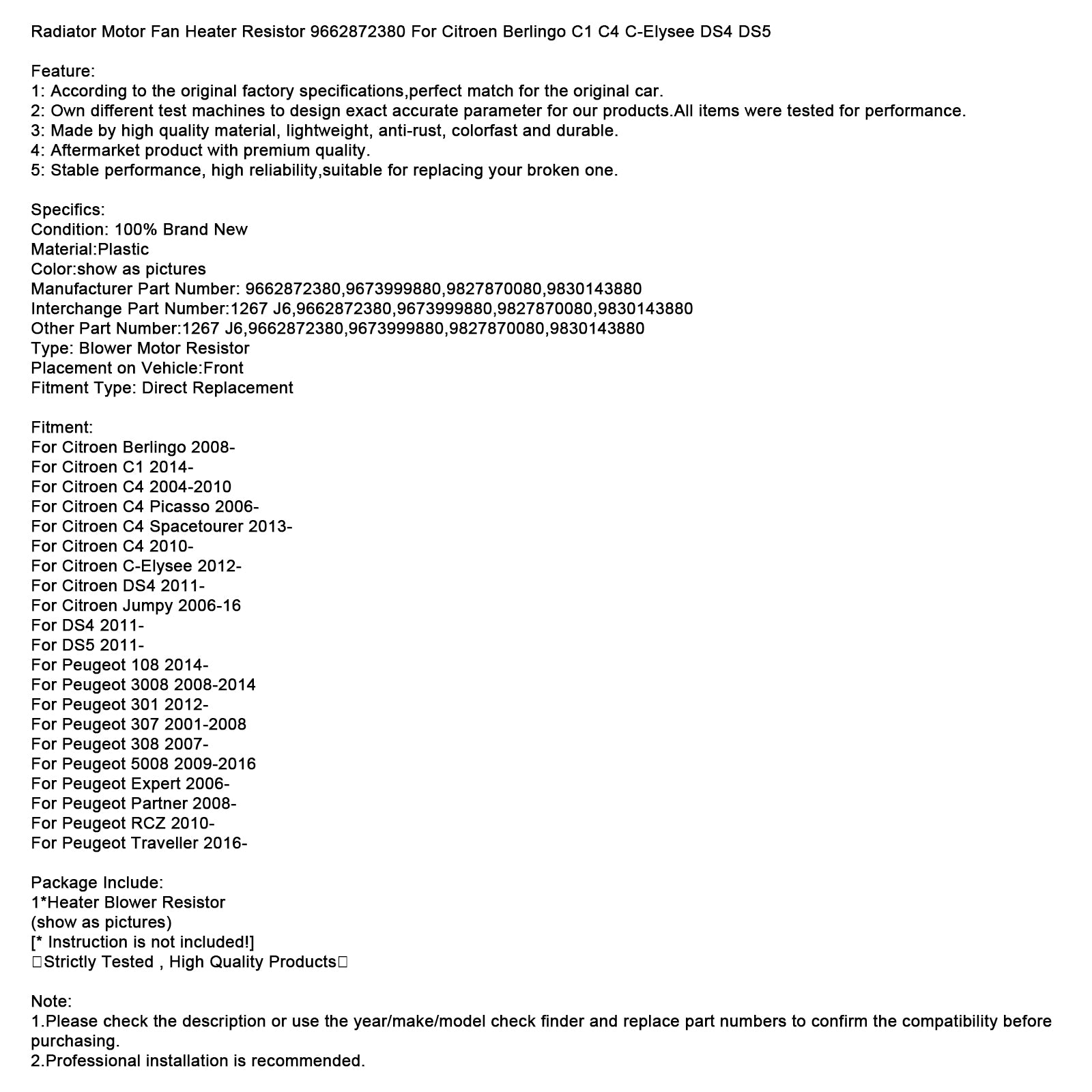 Resistencia del calentador del ventilador del Motor del radiador 9662872380 para Citroen Berlingo C-Elysee