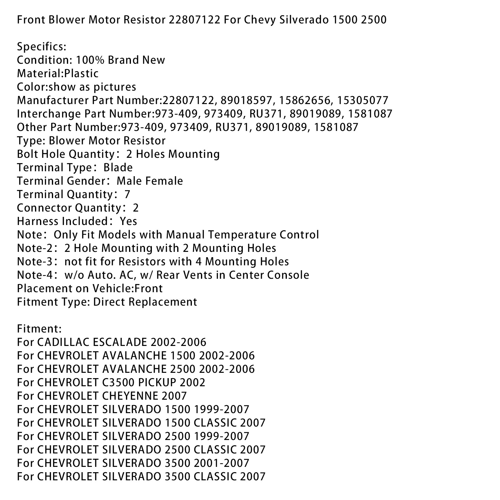Voorventilatormotorweerstand 22807122 voor Chevy Silverado 1500 2500
