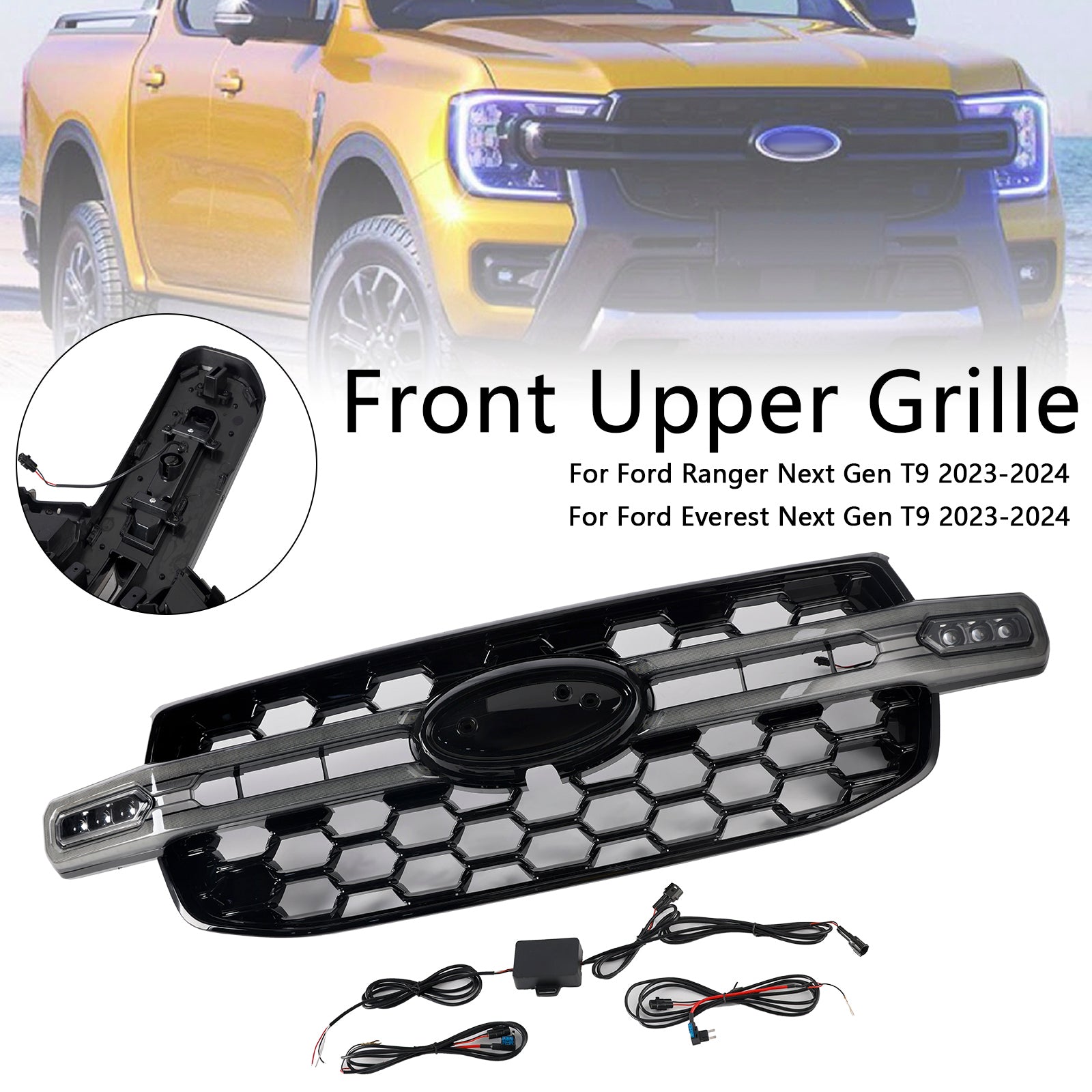 Front Bumper Grille Grill Fit Ford Ranger Everest Next Gen Wildtrak 2023-2024 (med hvit LED)