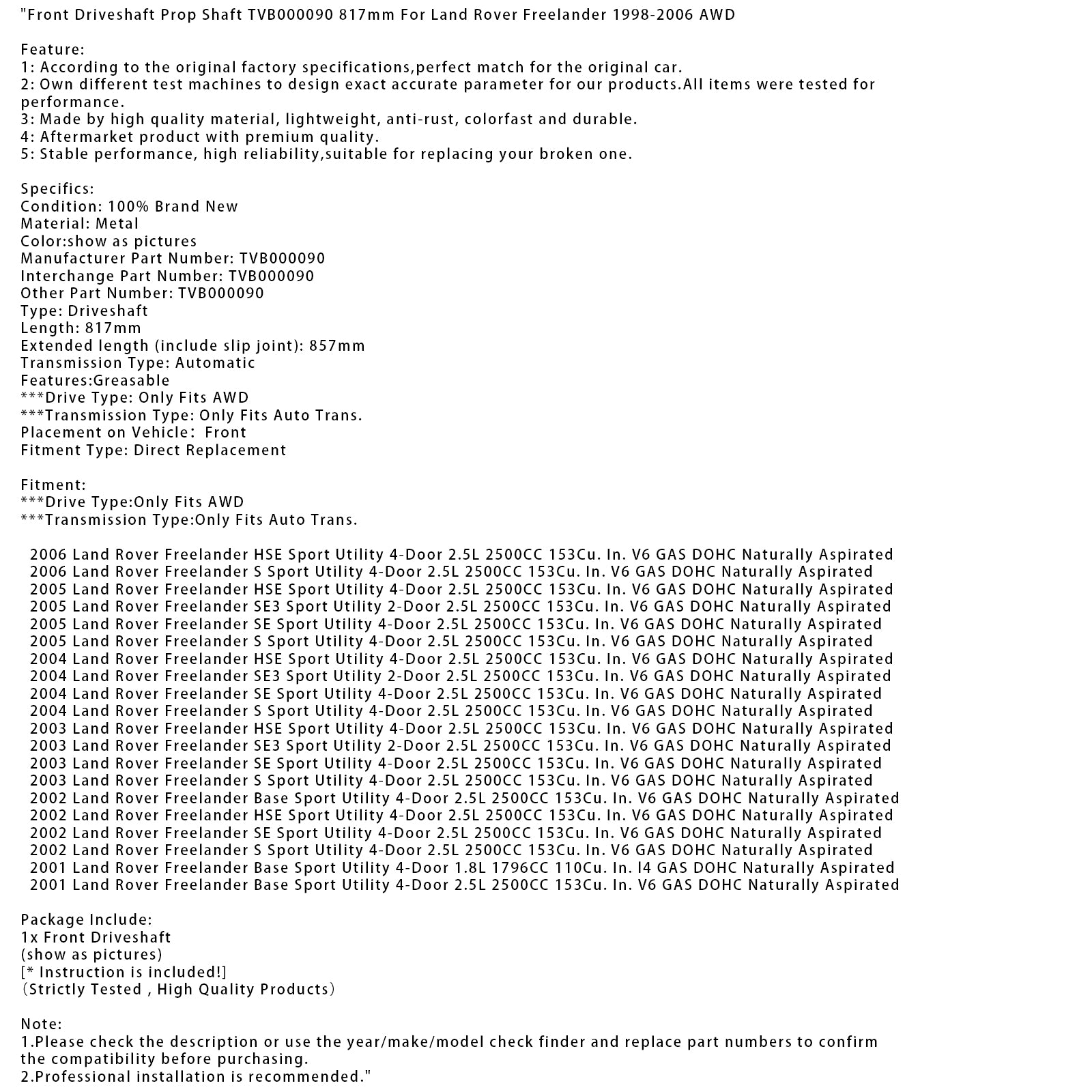 1998-2006 Land Rover Freelander AWD Driveshaft Shaft TVB000090 817mm