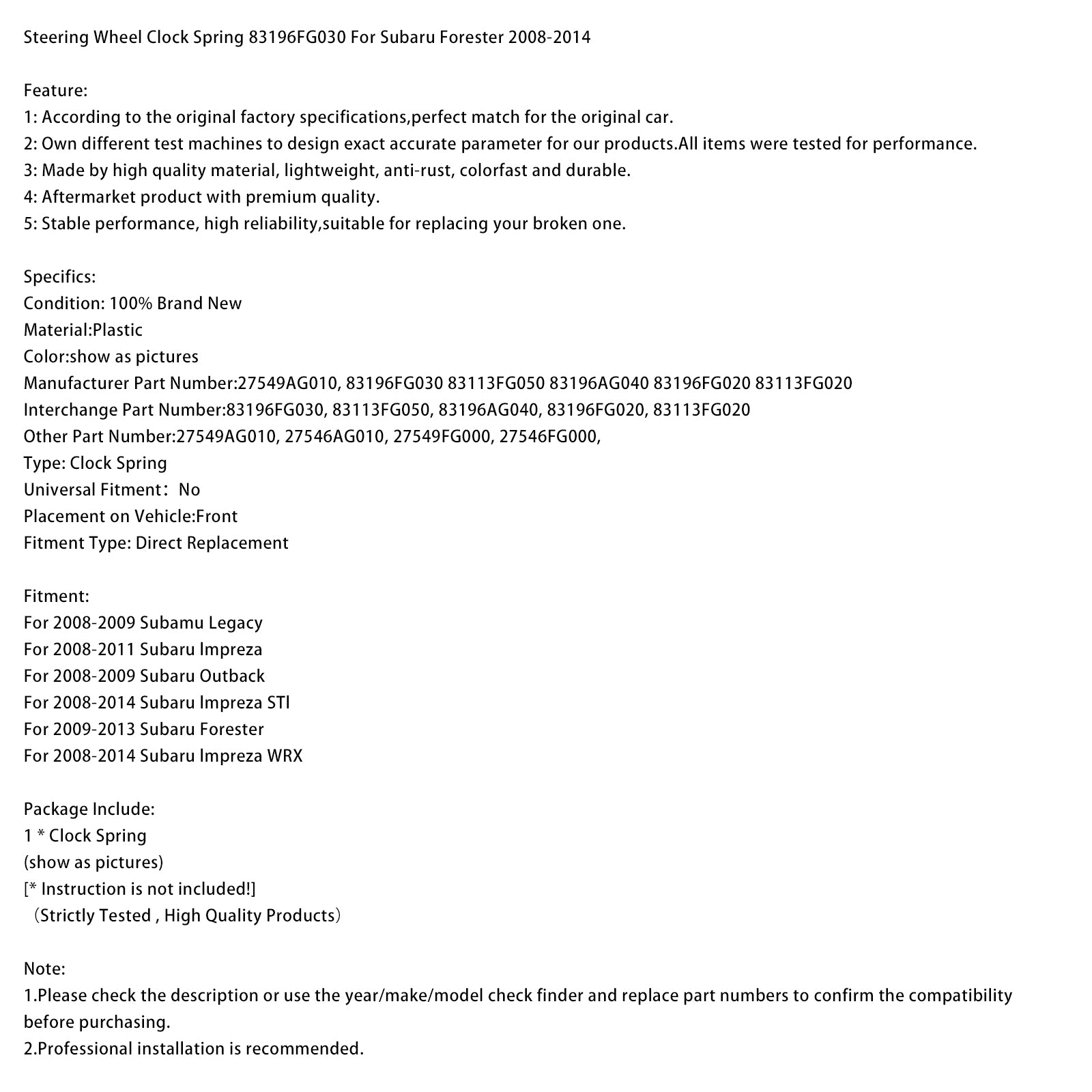 Steering Wheel Clock Spring 83196FG030 For Subaru Forester 2008-2014