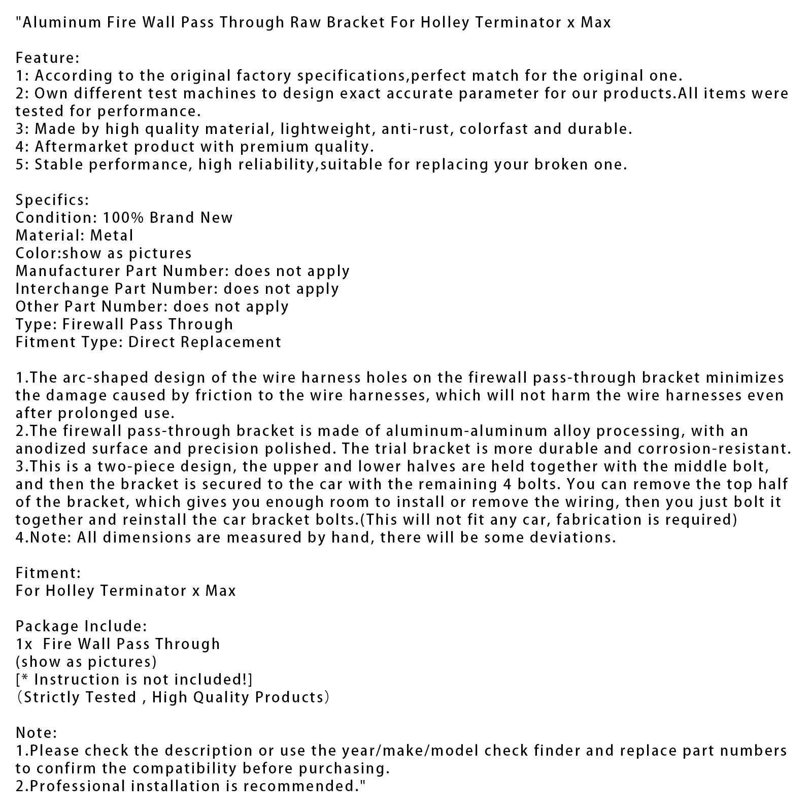 Holley Terminator x Max Aluminum Fire Wall Pass Through Raw Bracket