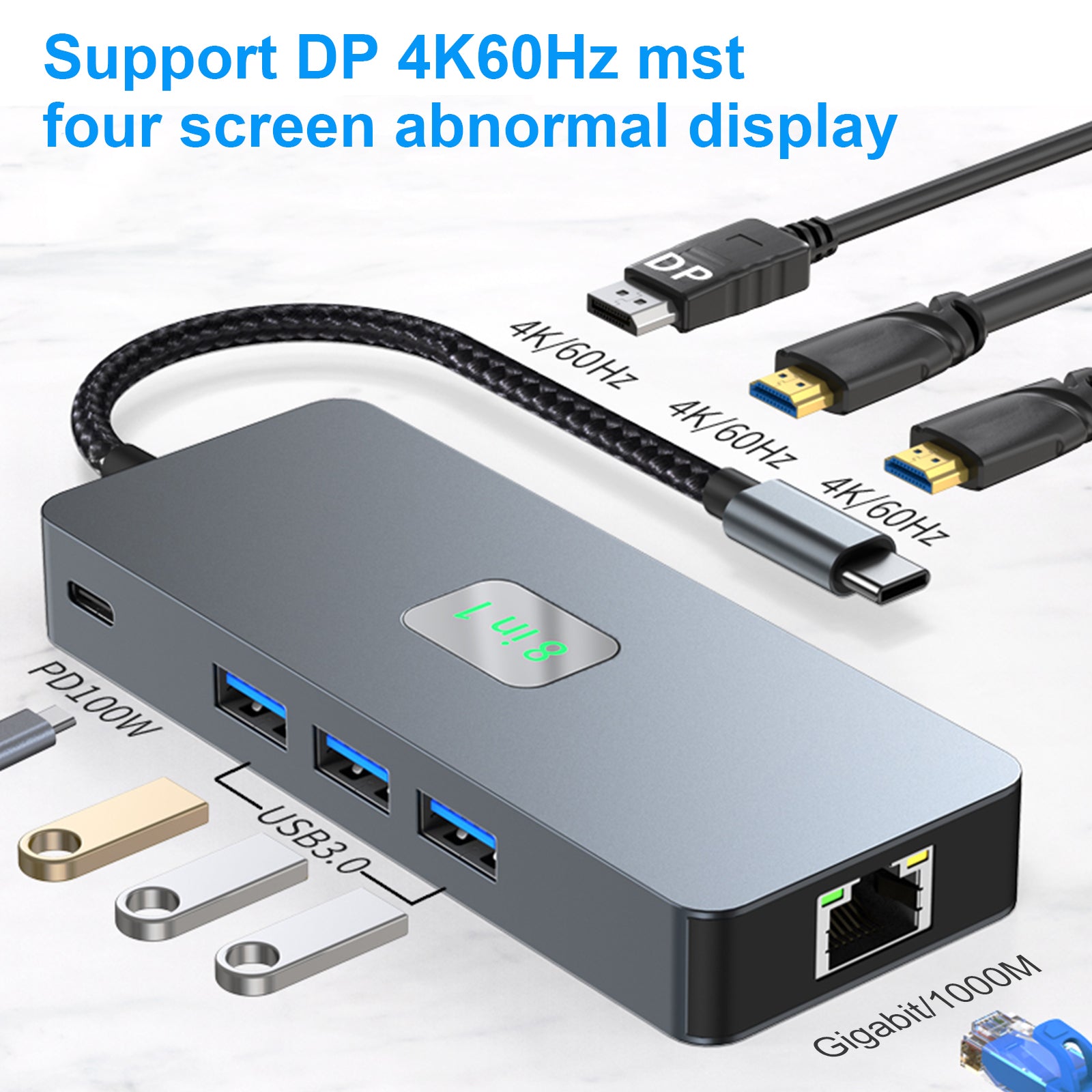 8 in 1 TYPE-C naar RJ45 Gigabit USB 3.0 HDMI DP PD100W Interface Hub Adapter Dock