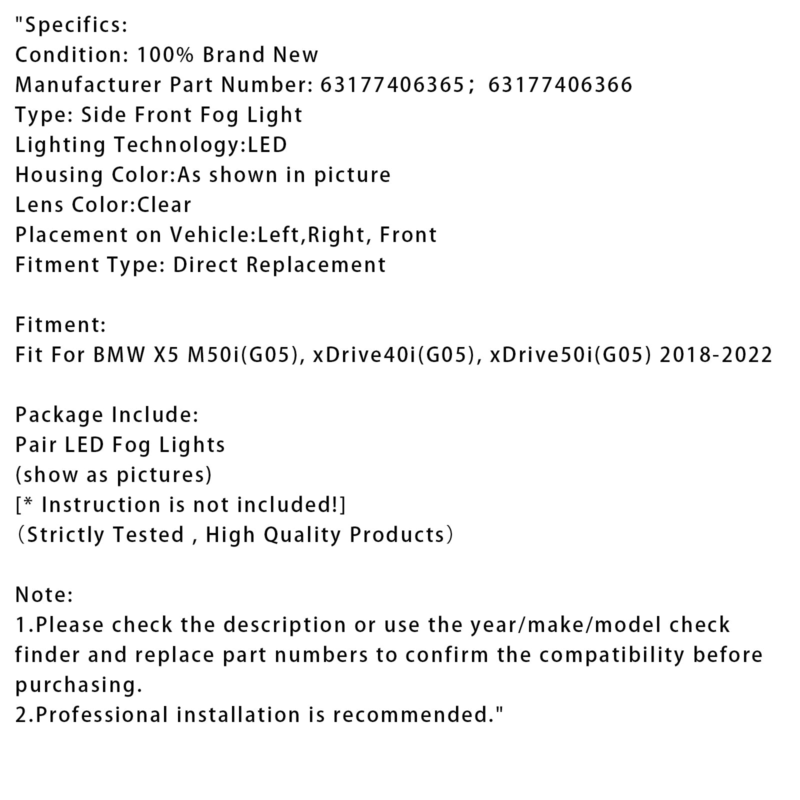 2018-2022 BMW X5 G05 Pair LED Front Bumper Fog Lights 63177406365