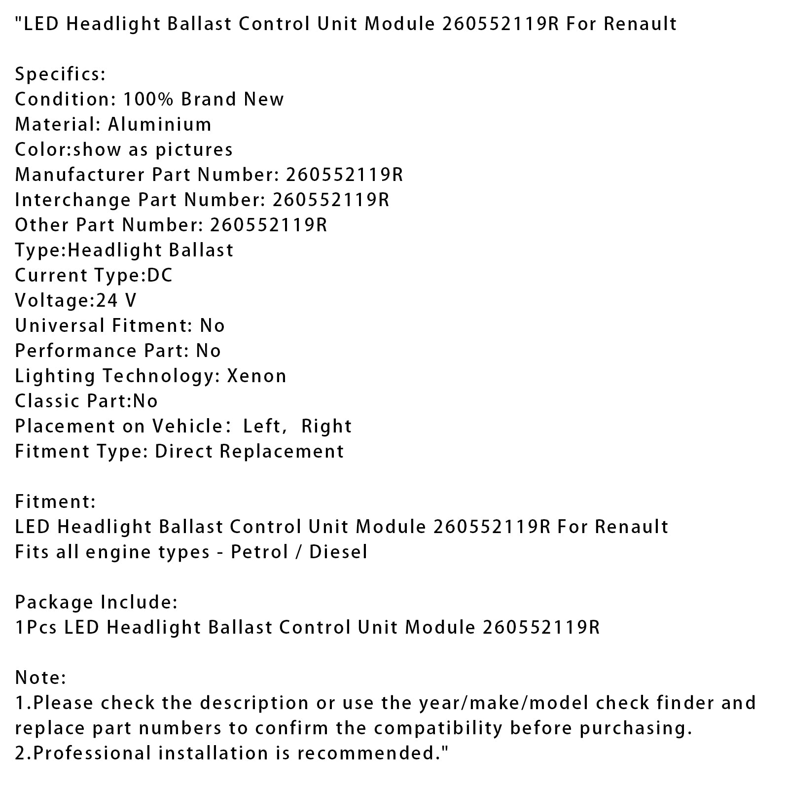 LED-koplampballastregeleenheidmodule 260552119R voor Renault