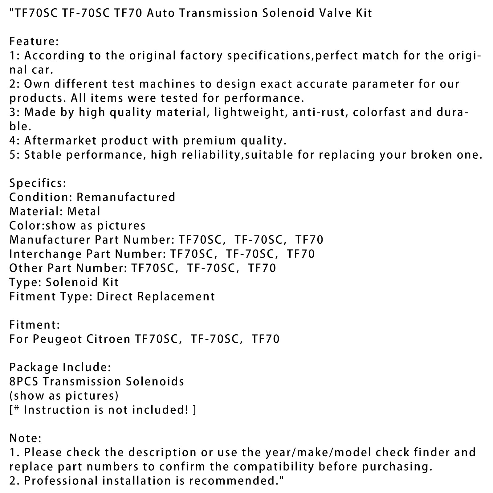 TF70SC TF-70SC TF70 Auto Transmission Solenoid Valve Kit