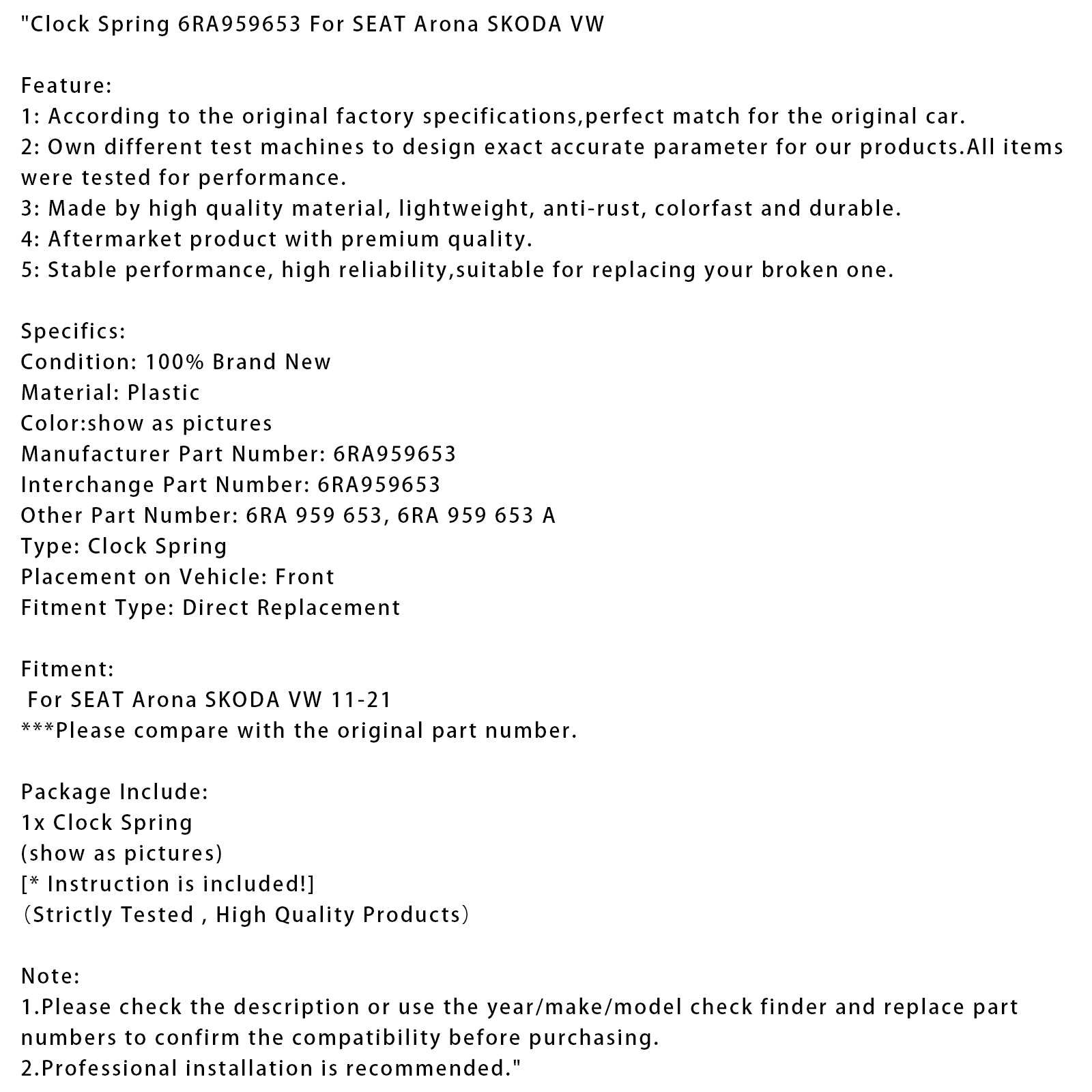 2011-2021 SEAT Arona SKODA VW Klockfjäder 6RA959653