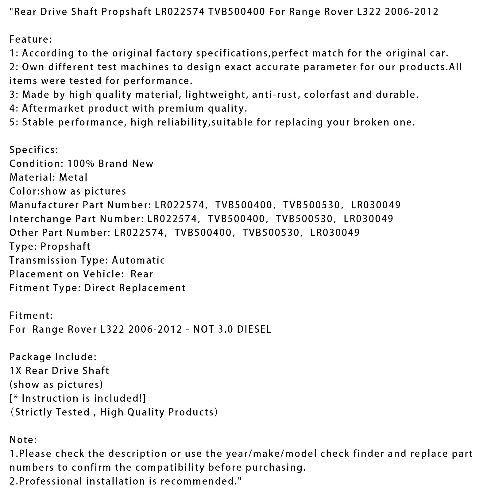 2006-2012 Range Rover L322 Bakre drivaxel Kardanaxel LR022574 TVB500400