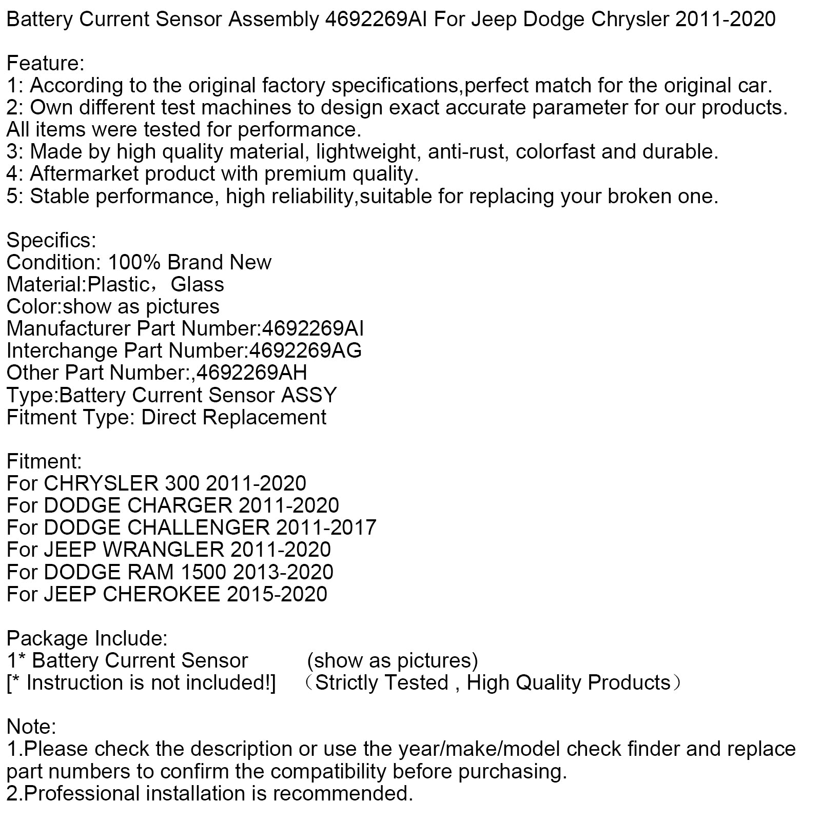 Battery Current Sensor Assembly 4692269AI For Jeep Dodge Chrysler 2011-2020