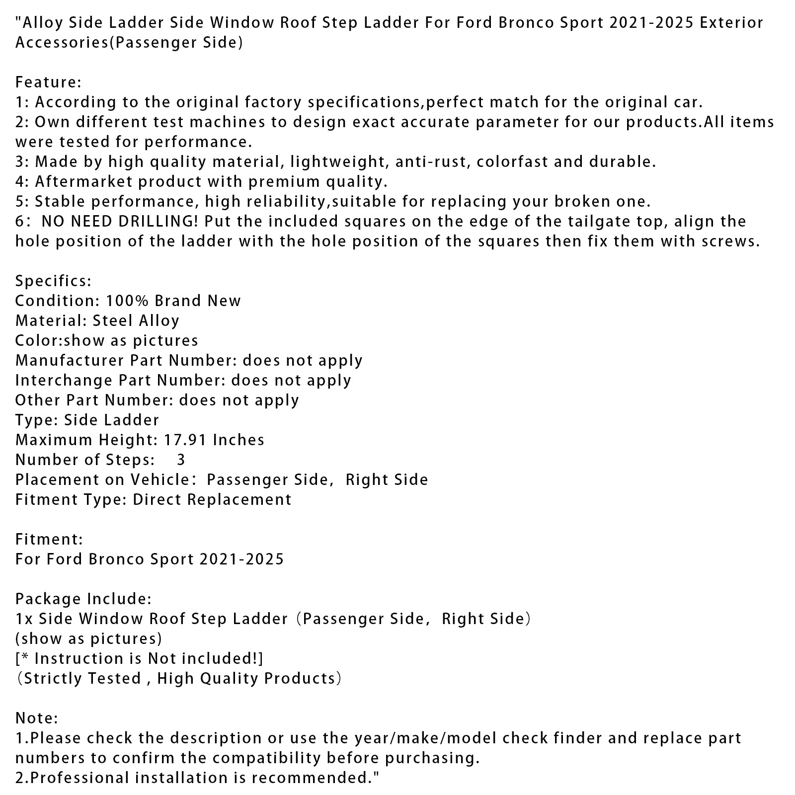 2021-2025 Ford Bronco Sport Ladder Side Window Roof Step Ladder