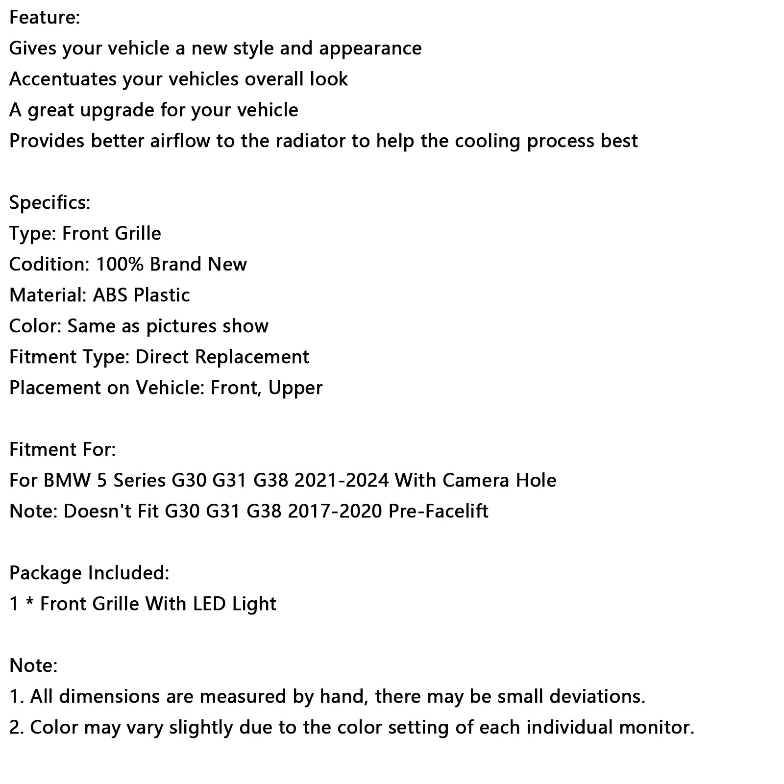 2021-2024 BMW 5 Série G30 G38 Double latte avant de la calandre Gloss Black