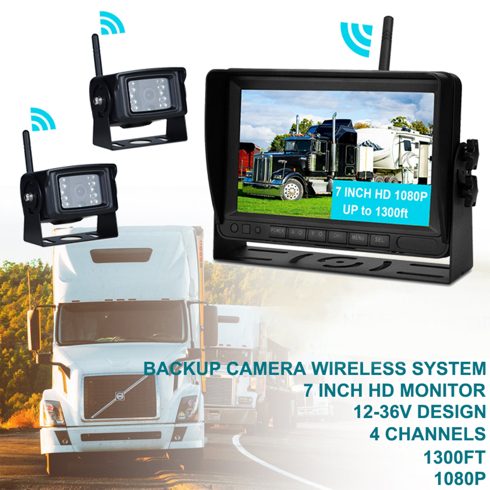 7" Display AHD 1080P Wireless 2CH Rear View Backup Camera Kit for Truck Trailer