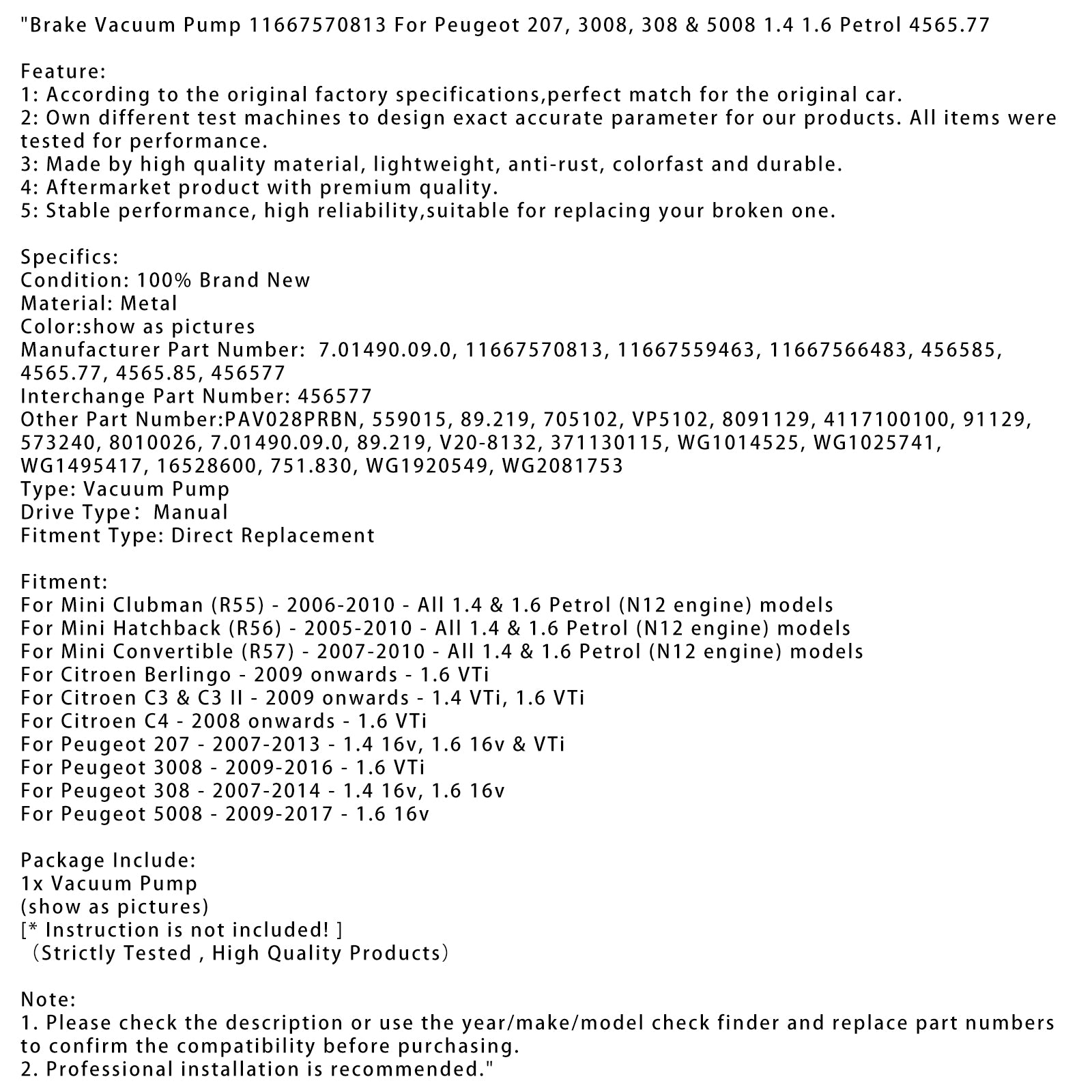 2008 onwards Citroen C4 1.6 VTi Brake Vacuum Pump 11667570813 4565.77