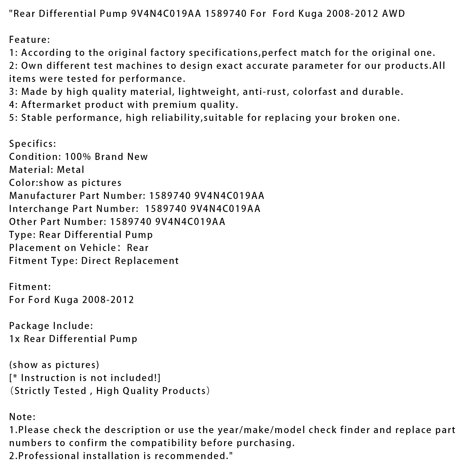 2008-2012 Ford Kuga AWD Pompe différentielle arrière 9V4N4C019AA 1589740