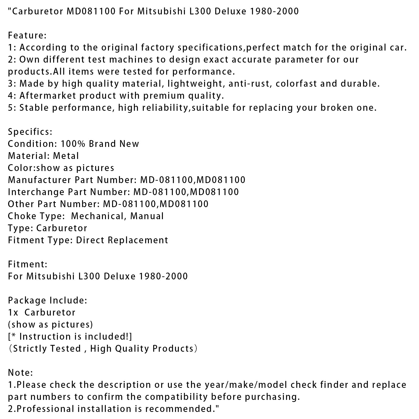 1980-2000 Mitsubishi L300 Deluxe carburateur MD081100 MD-081100