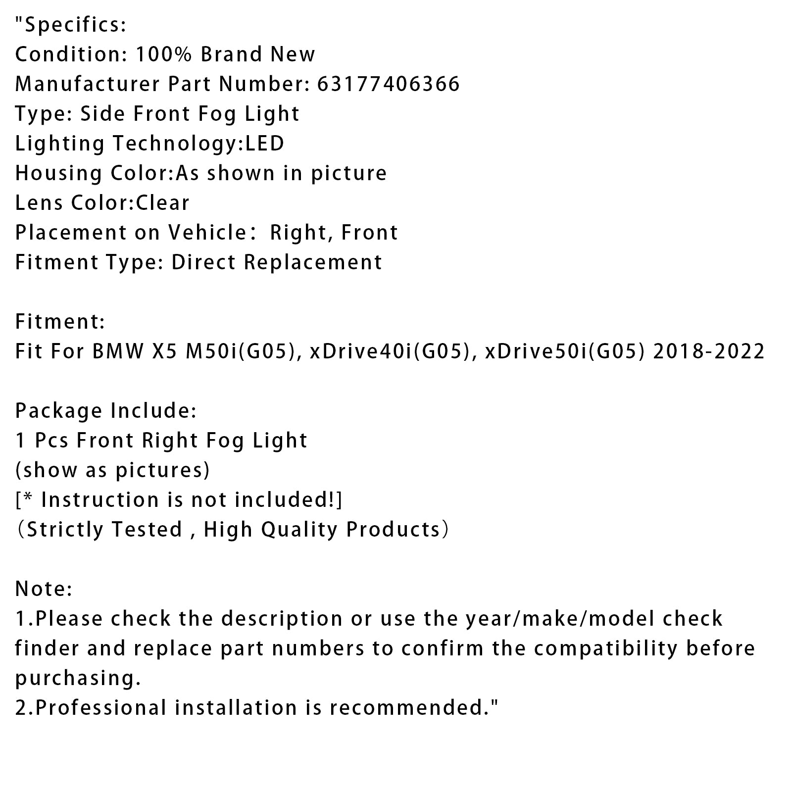 2018-2022 BMW X5 G05 1 Pcs LED Front Right Fog Light 63177406366