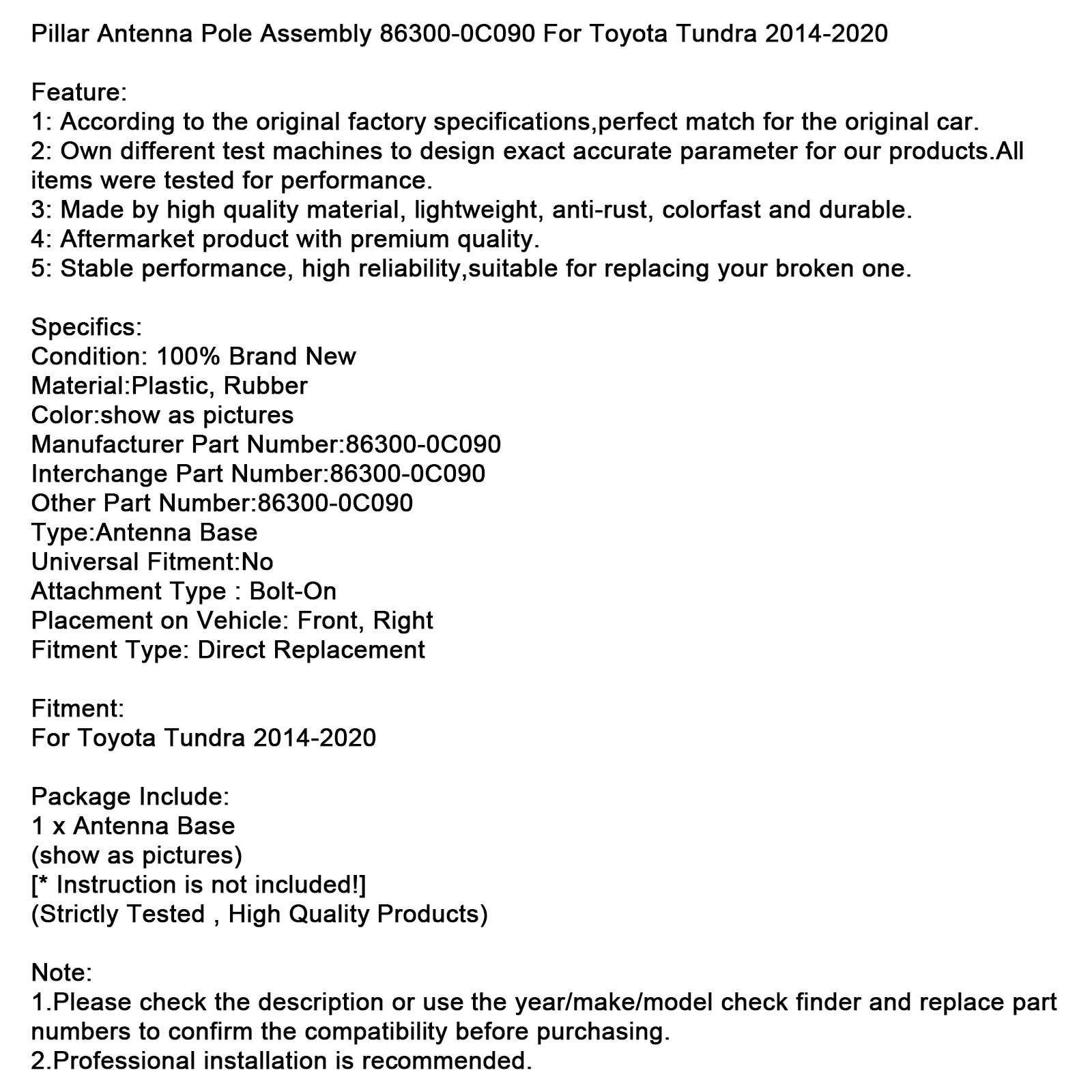 Pillar Antenna Pole Assembly 86300-0C090 For Toyota Tundra 2014-2020