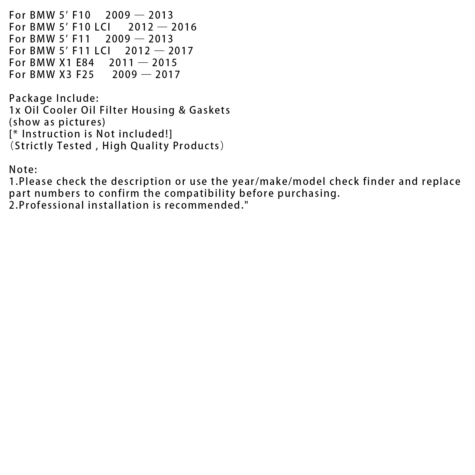 Boîtier de filtre à huile du refroidisseur d'huile & Joints 11428512283 pour BMW X3 F25 2009-2017