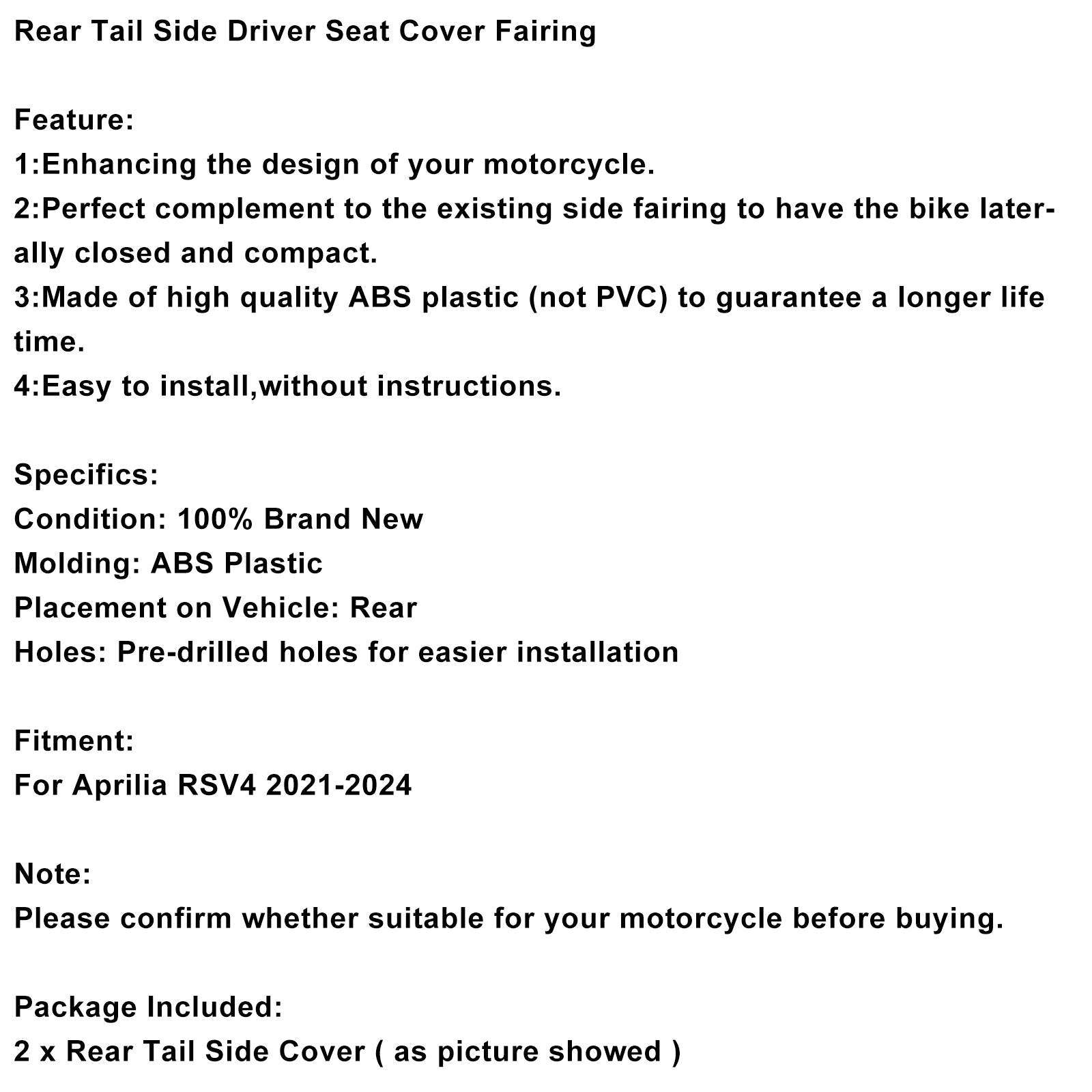 2021-2024 Aprilia RSV4 Rear Tail Side Driver Seat Cover Fairing