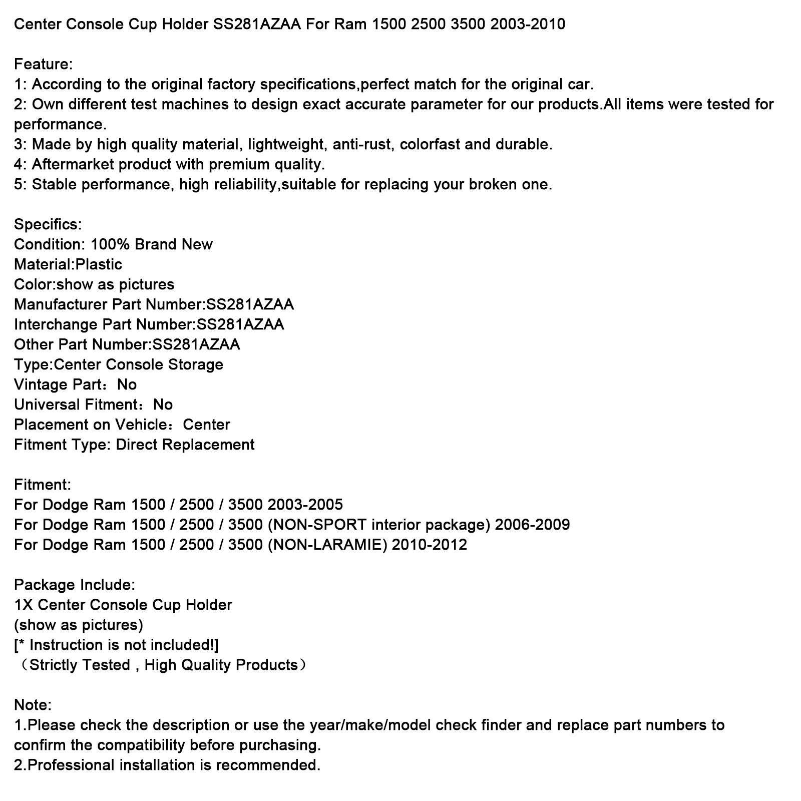 Center Console Cup Holder Small Hole SS281AZAA For Ram 1500 2500 3500 03-10