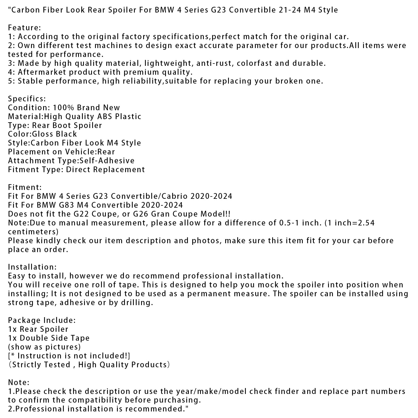 2020-2024 BMW G83 M4 Convertible Carbon Fiber Look Rear Spoiler