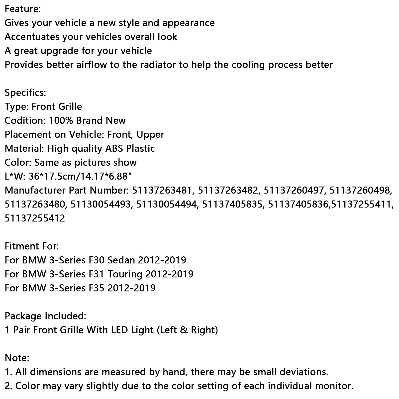 Parrilla frontal negra brillante para BMW Serie 3 F30 F31 F35 2012-2019
