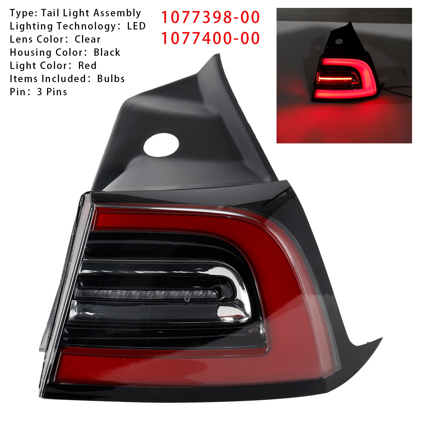 LED Tail Lamp Outer Rear Right Tail Light 3 Pin For Tesla Model 3 Y 2017-2023