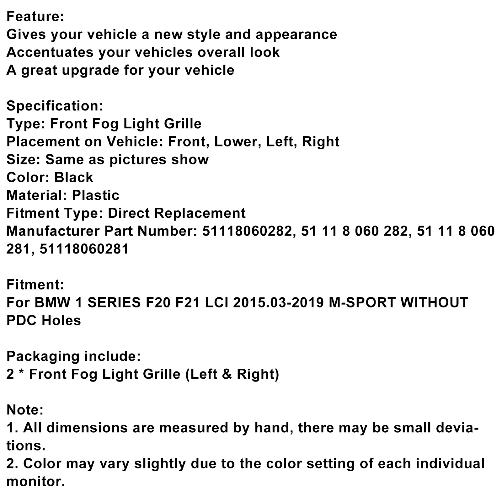 2015-2019 BMW Serie 1 F20 F21 LCI M-Sport 2 piezas Rejilla de cubierta de luz antiniebla