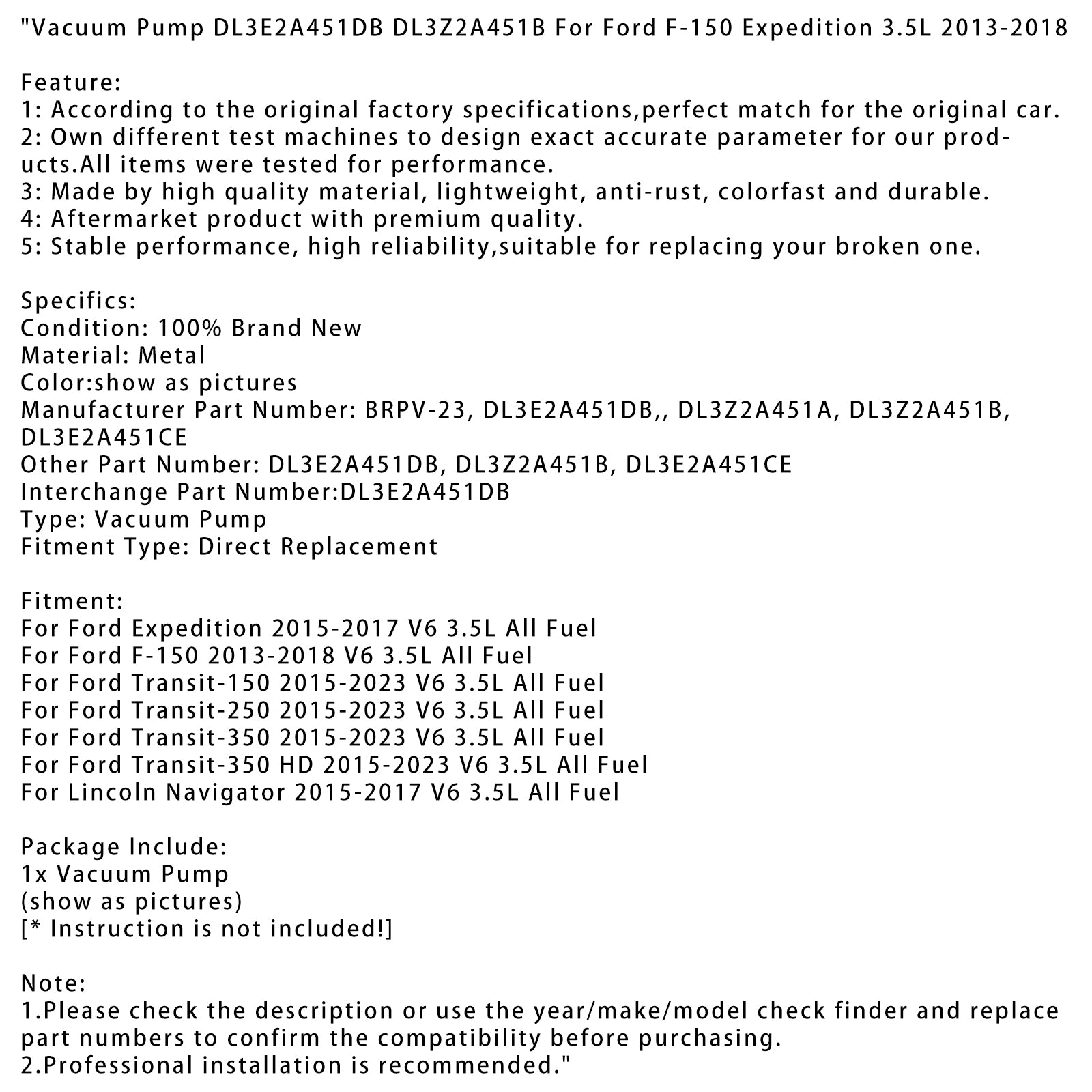 2015-2023 Ford Transit-350 HD V6 3.5L vacuümpomp DL3E2A451DB DL3Z2A451B BRPV-23