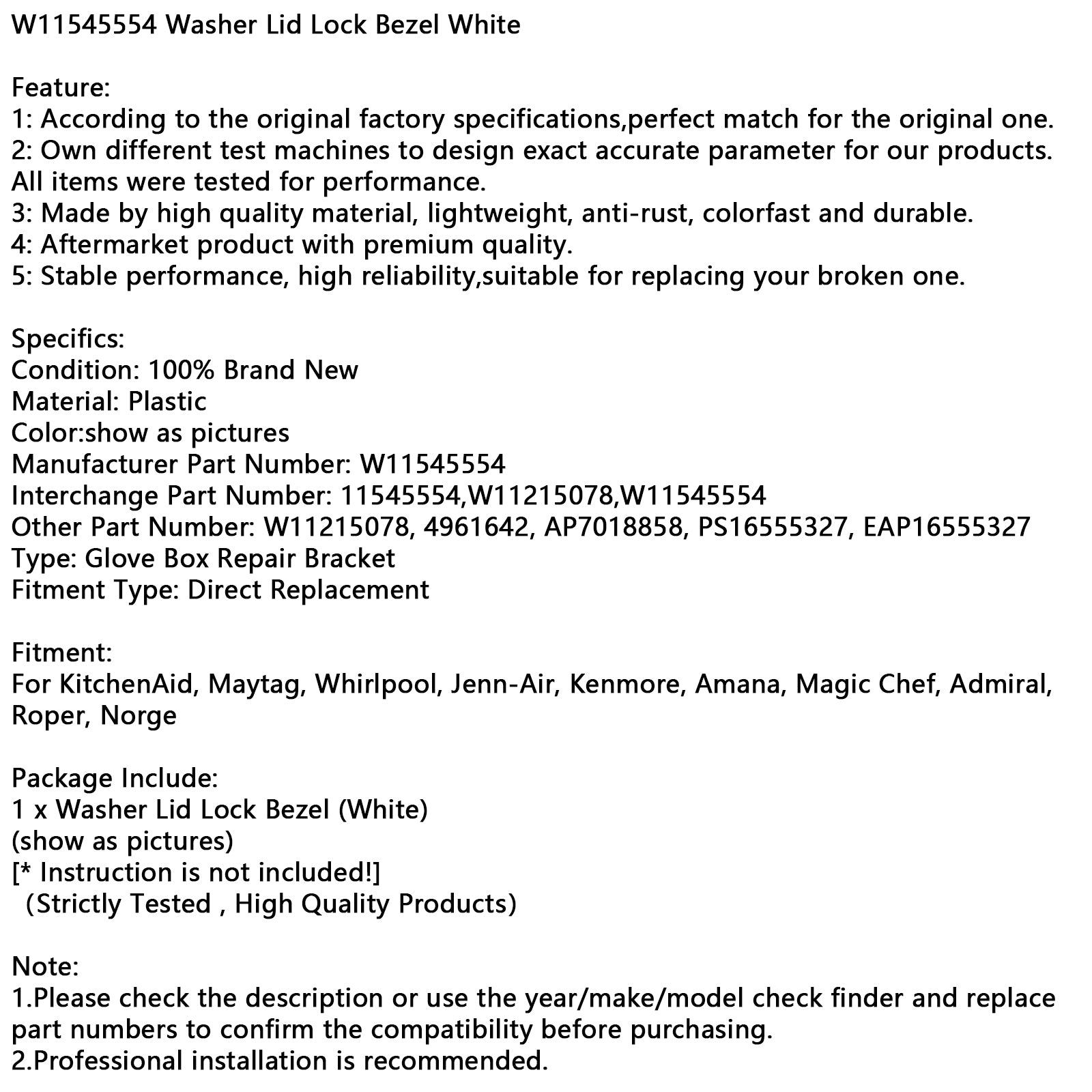 W11545554 Lås på vaskemaskinlokk, hvit