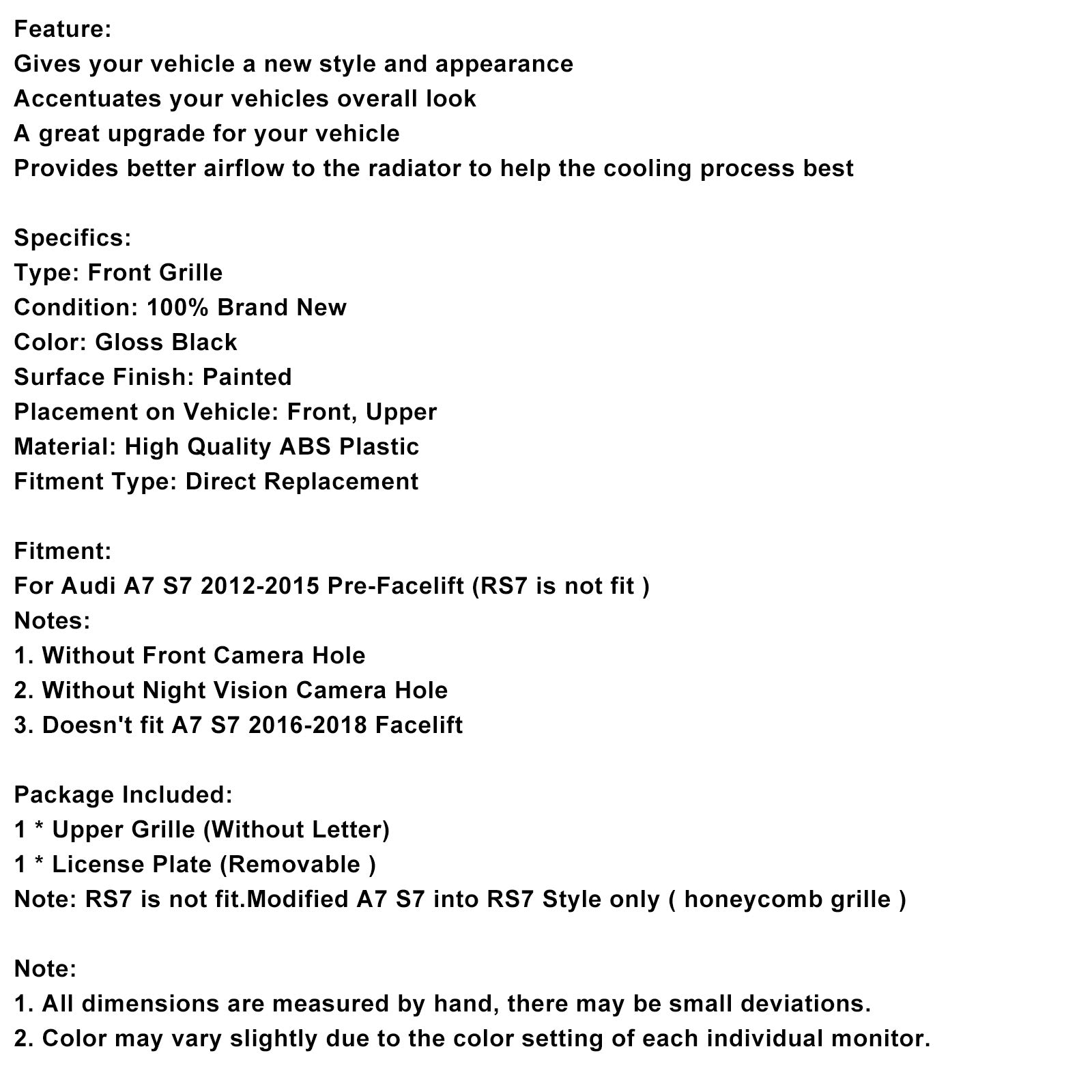 RS7 Style Honeycomb Mesh Front Grill Grille Fit Audi A7/S7 2012-2015 Black