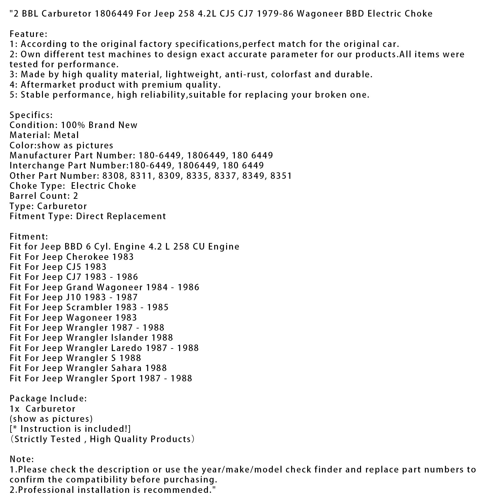 1988 Jeep Wrangler Sahara 2 bbl Carburador 1806449