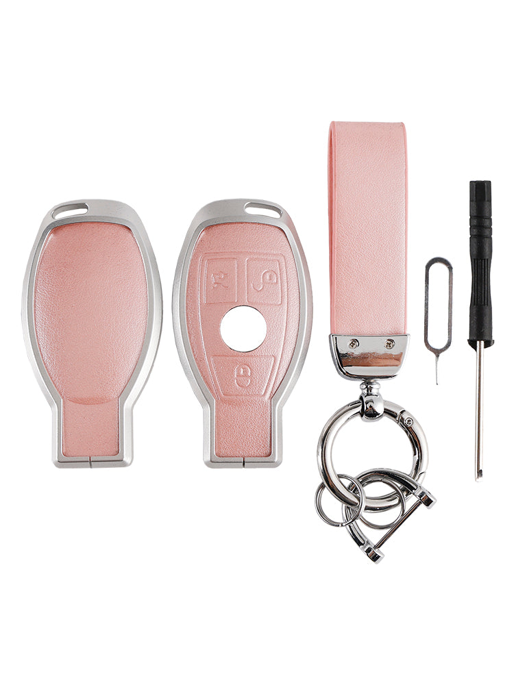ALLIAGE CUIR Aluminium TPU Car clé Couvre de boîtier rose pour Benz GLC GLK CLS
