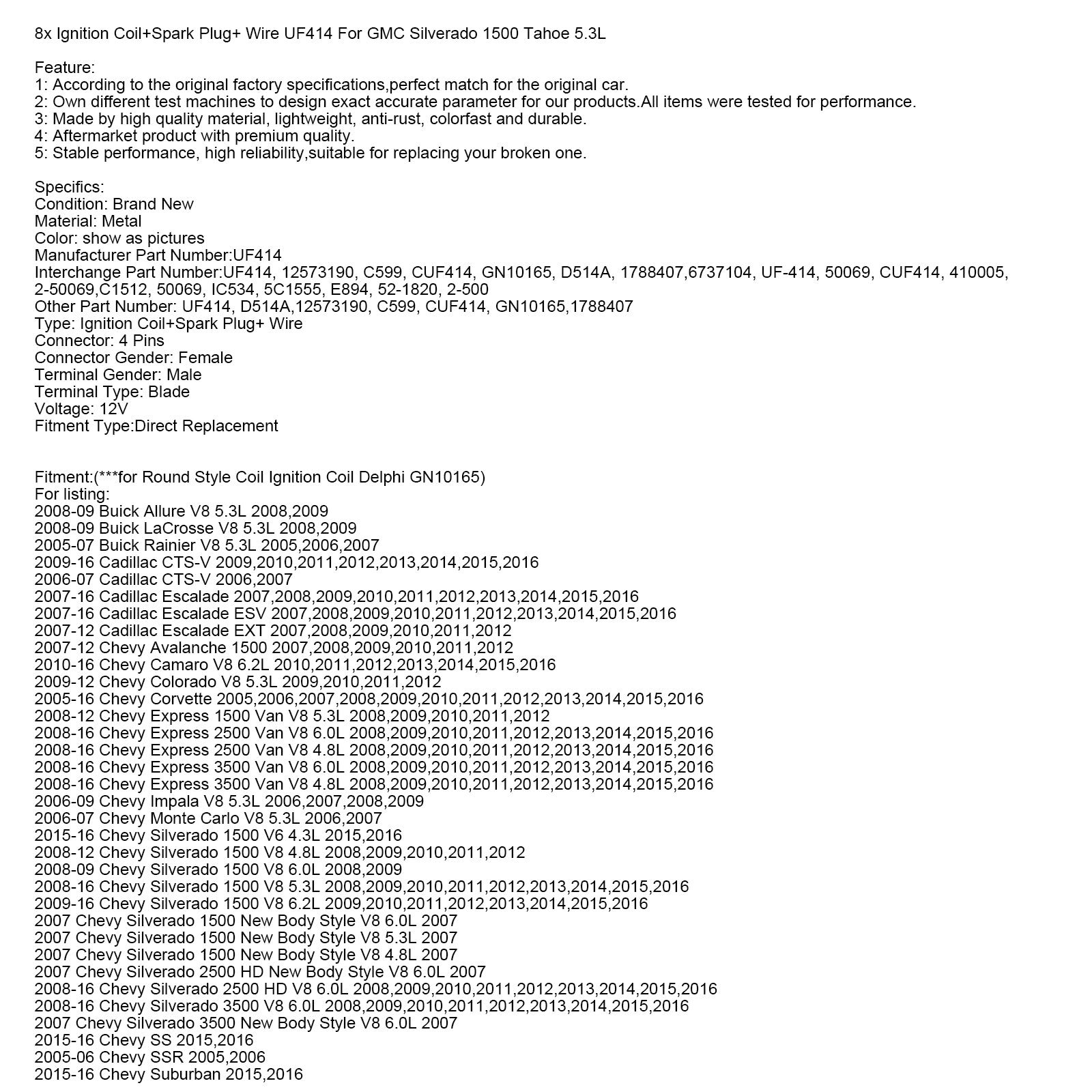 GMC Silverado 1500 Tahoe 5.3L 8x Ignition Coil+Spark Plug+ Wire UF414
