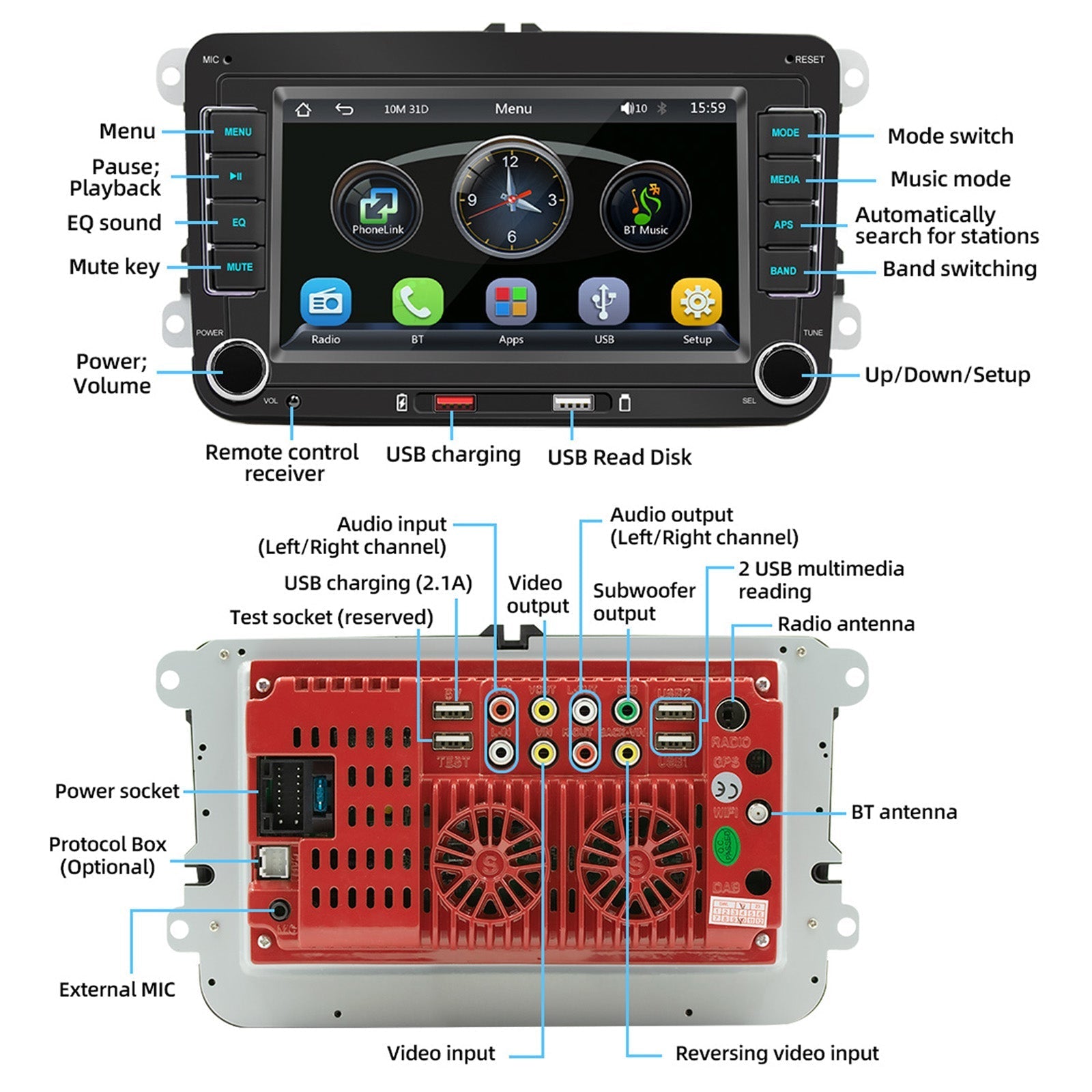 7" Volkswagen Car Bluetooth Car Radio MP5 Player Wireless Carplay + 4 LED Camera