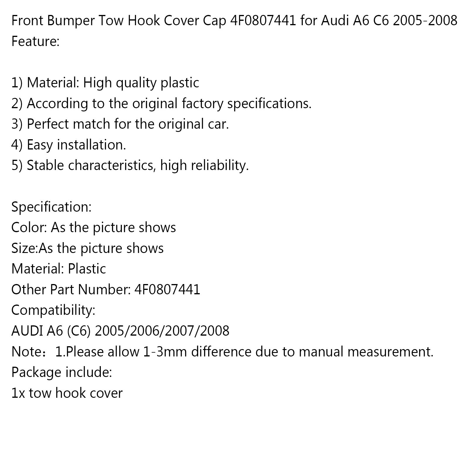 2005-2008 Audi A6 C6 voorbumper trekhaak afdekkap 4F0807441