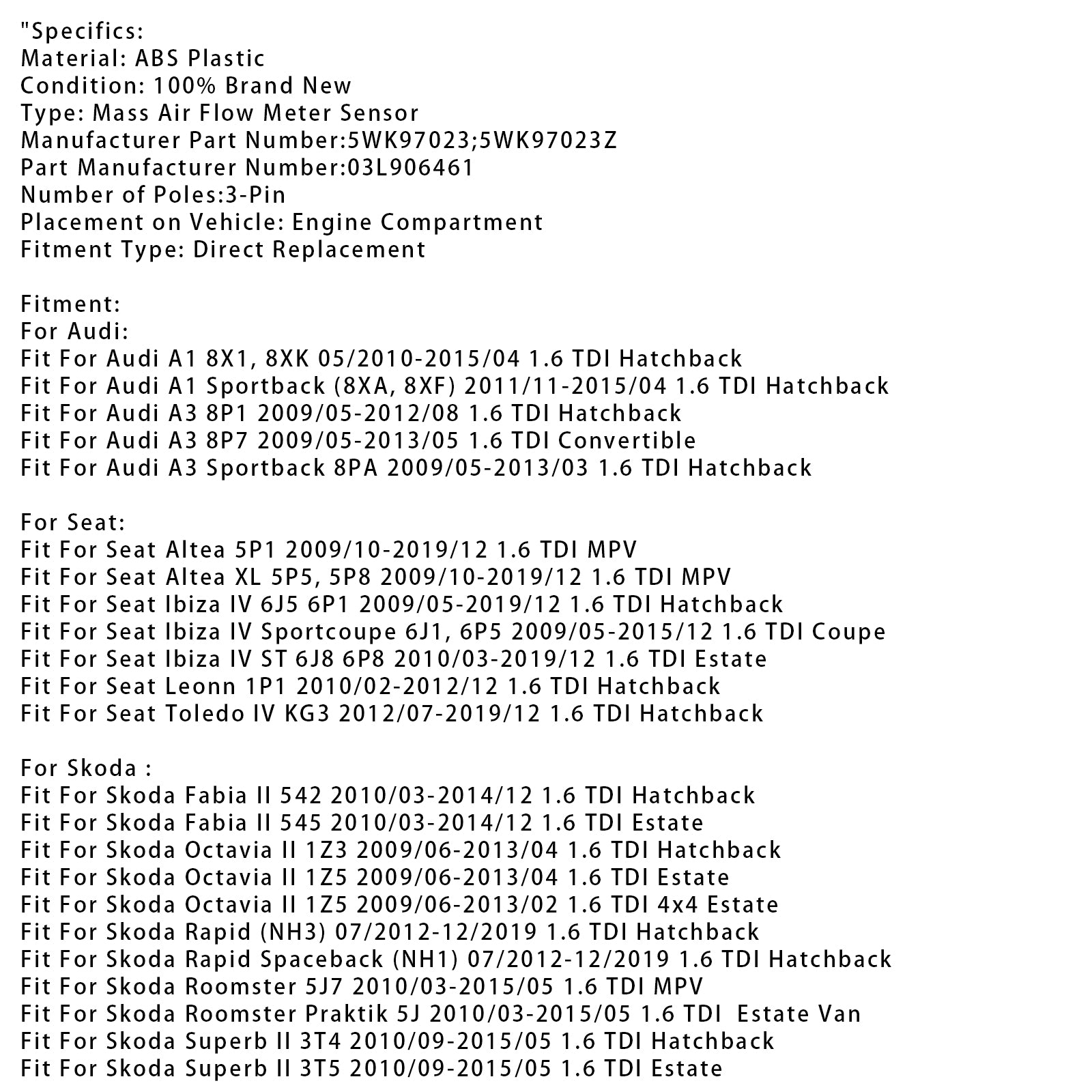 Luchtmassameter Sensor Voor VW Golf VI Audi A1 Seat Leon 1.6TDI 5WK97023