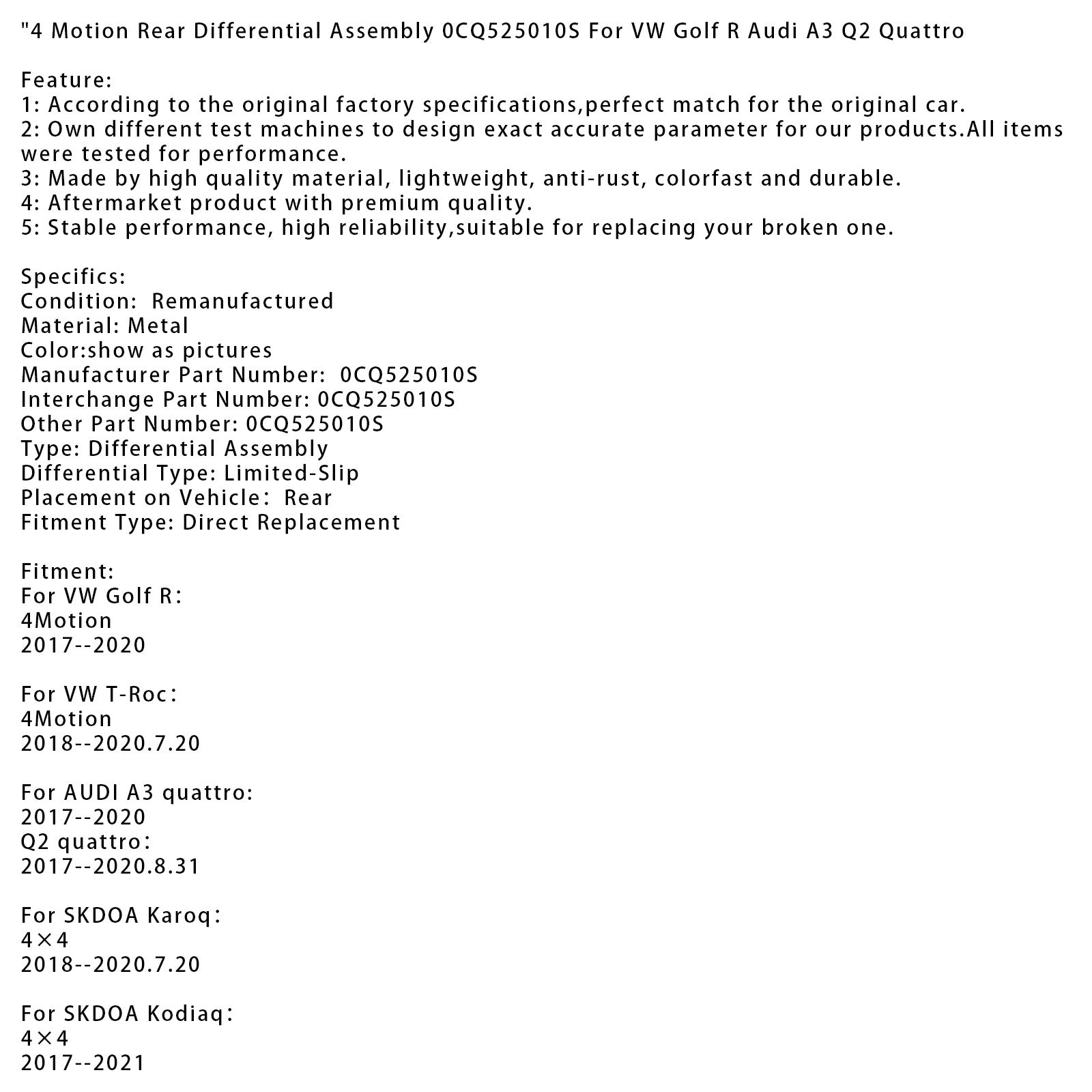4 Motion Bakre differentialenhet 0CQ525010S För VW Golf R Audi A3 Q2 Quattro