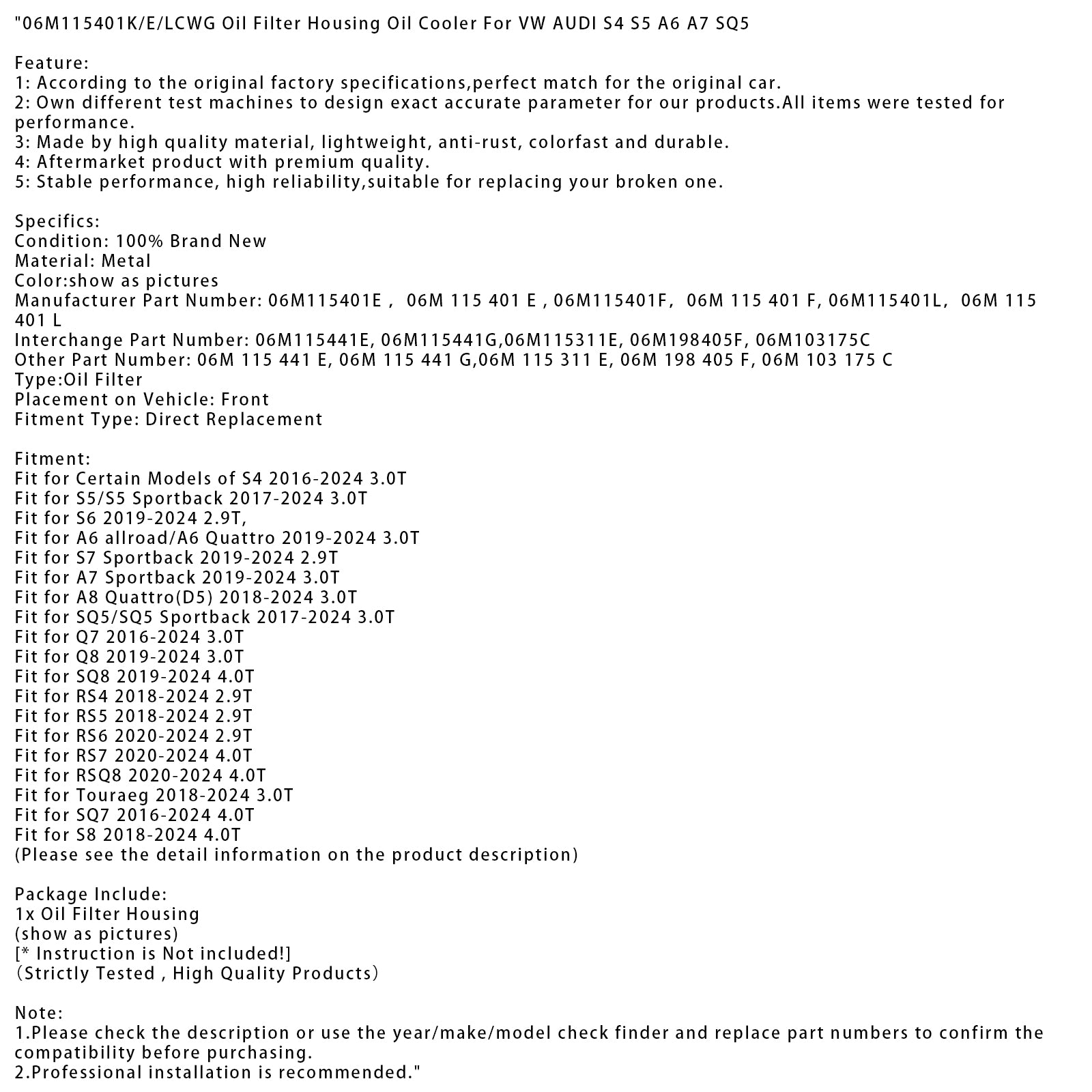 06M115401K/E/LCWG Oil Filter Housing Oil Cooler For VW AUDI S4 S5 A6 A7 SQ5