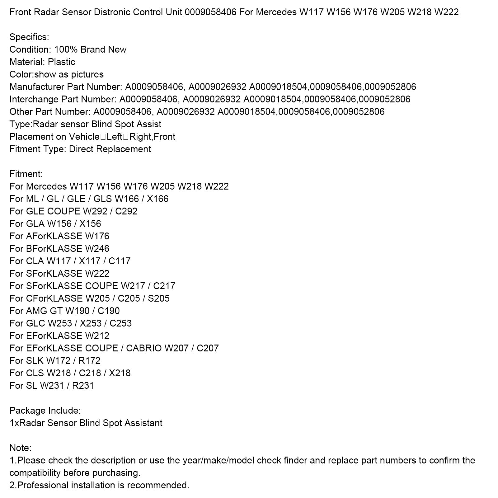 Mercedes Benz EForKLASSE COUPE / CABRIO W207 / C207 Front Radar Sensor Distronic Control Unit 0009058406