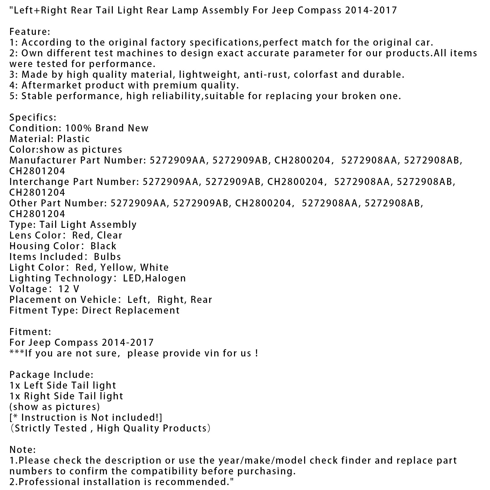 Links + rechts achterlicht achterlicht montage voor Jeep Compass 2014-2017