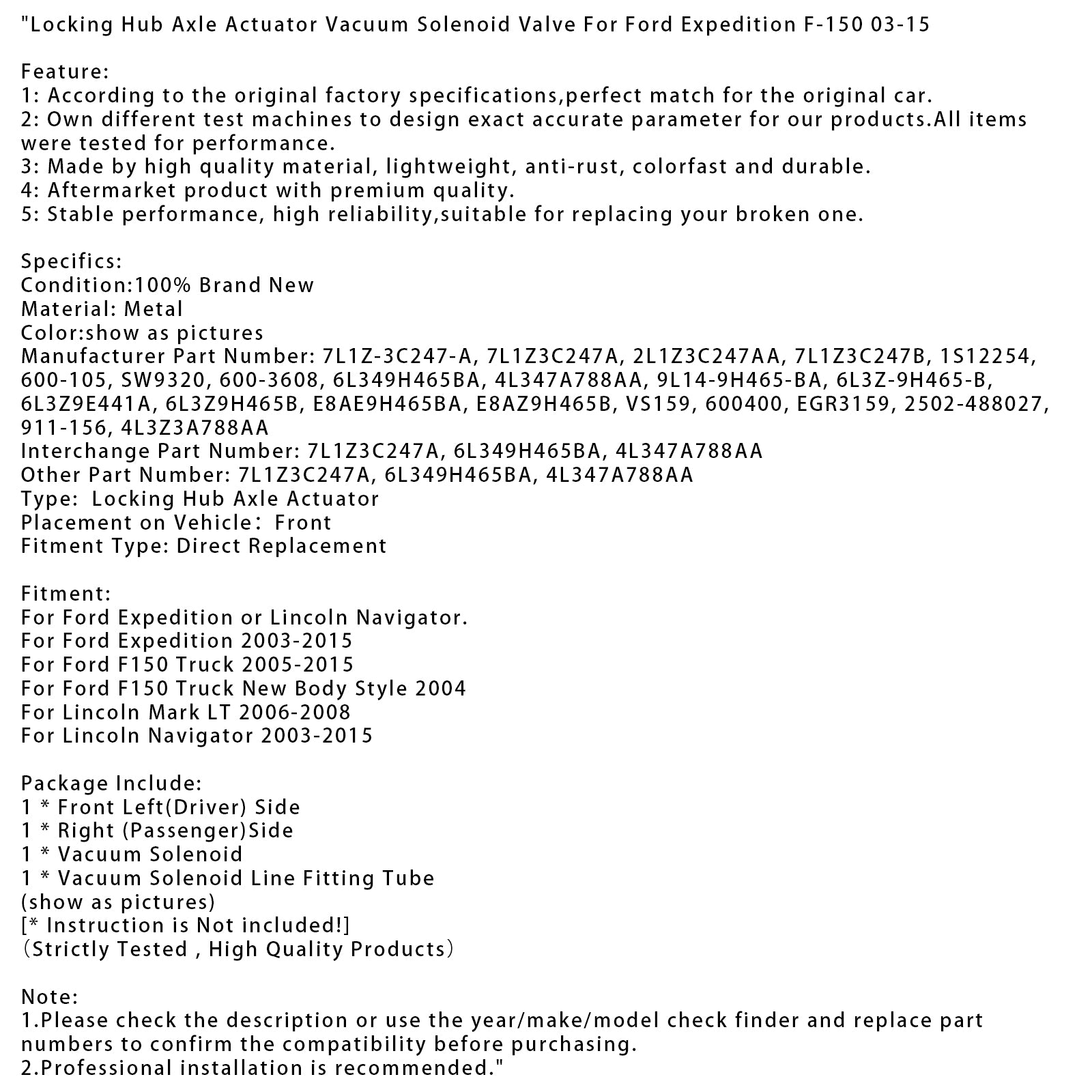 Locking Hub Axle Actuator Vacuum Solenoid Valve For Ford Expedition F-150 03-15