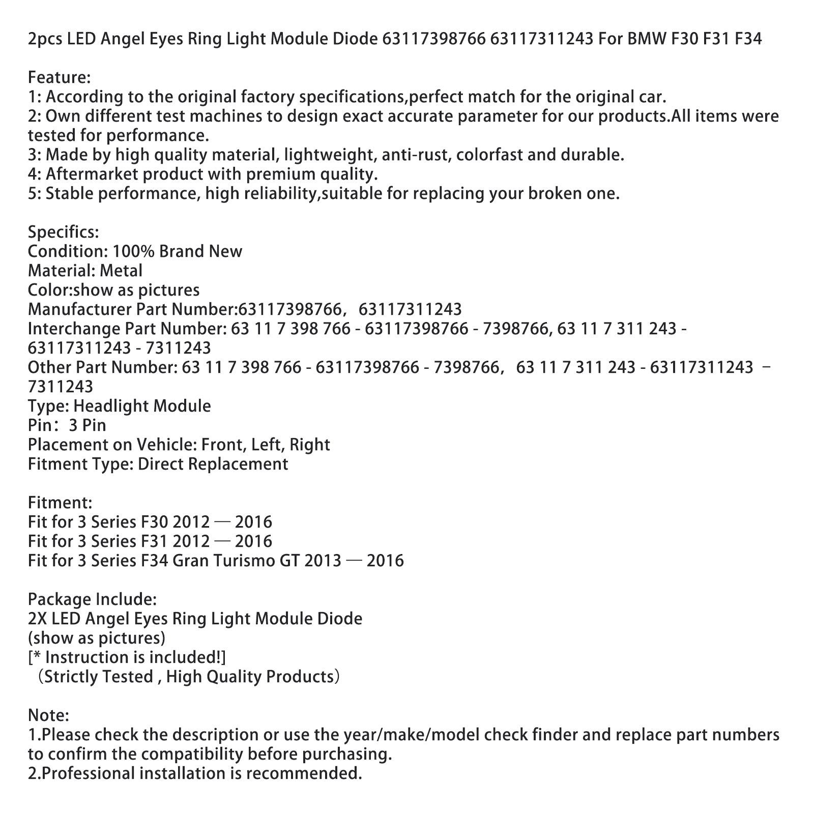 2pcs LED anjelské oči prsteňový svetlo modul dióda 63117398766 pre BMW F30 F31 F34