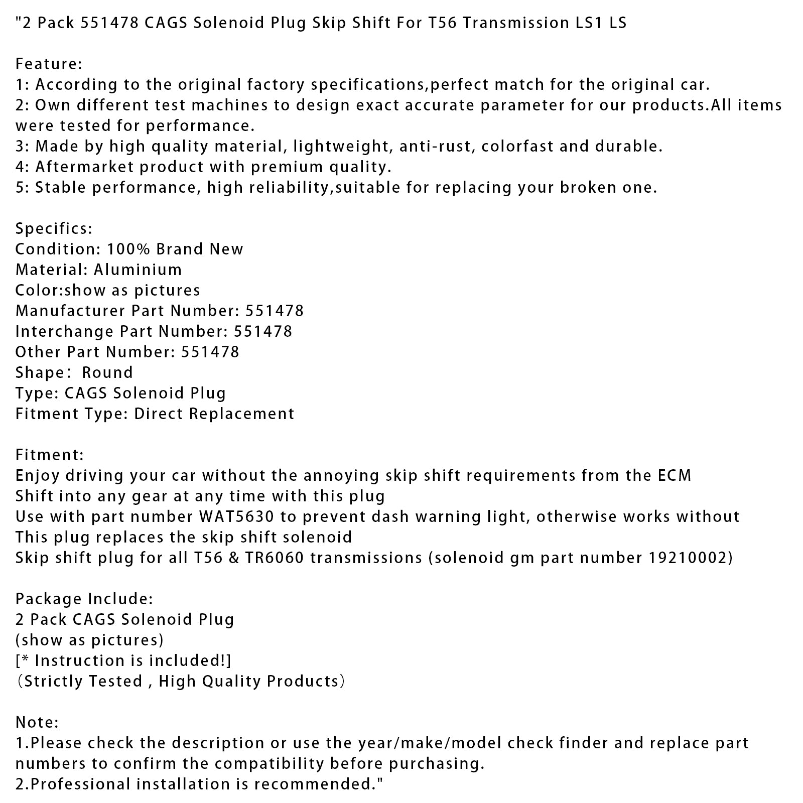 2 Pack 551478 Solenoid Plug Skip Shift For T56 Transmission LS1 LS